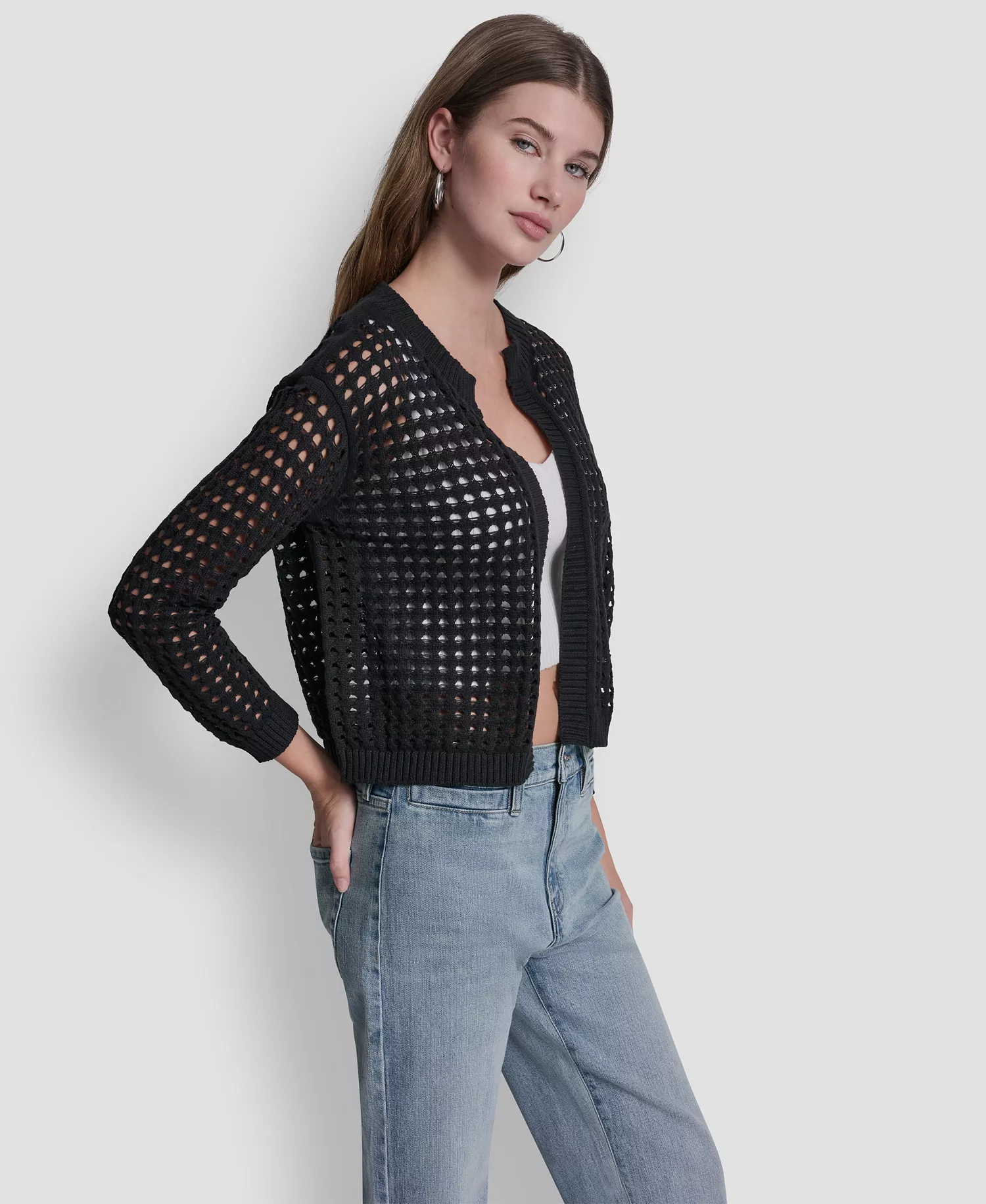 Women's Open-Stitch Drop-Shoulder Cardigan Sweater - Black - L