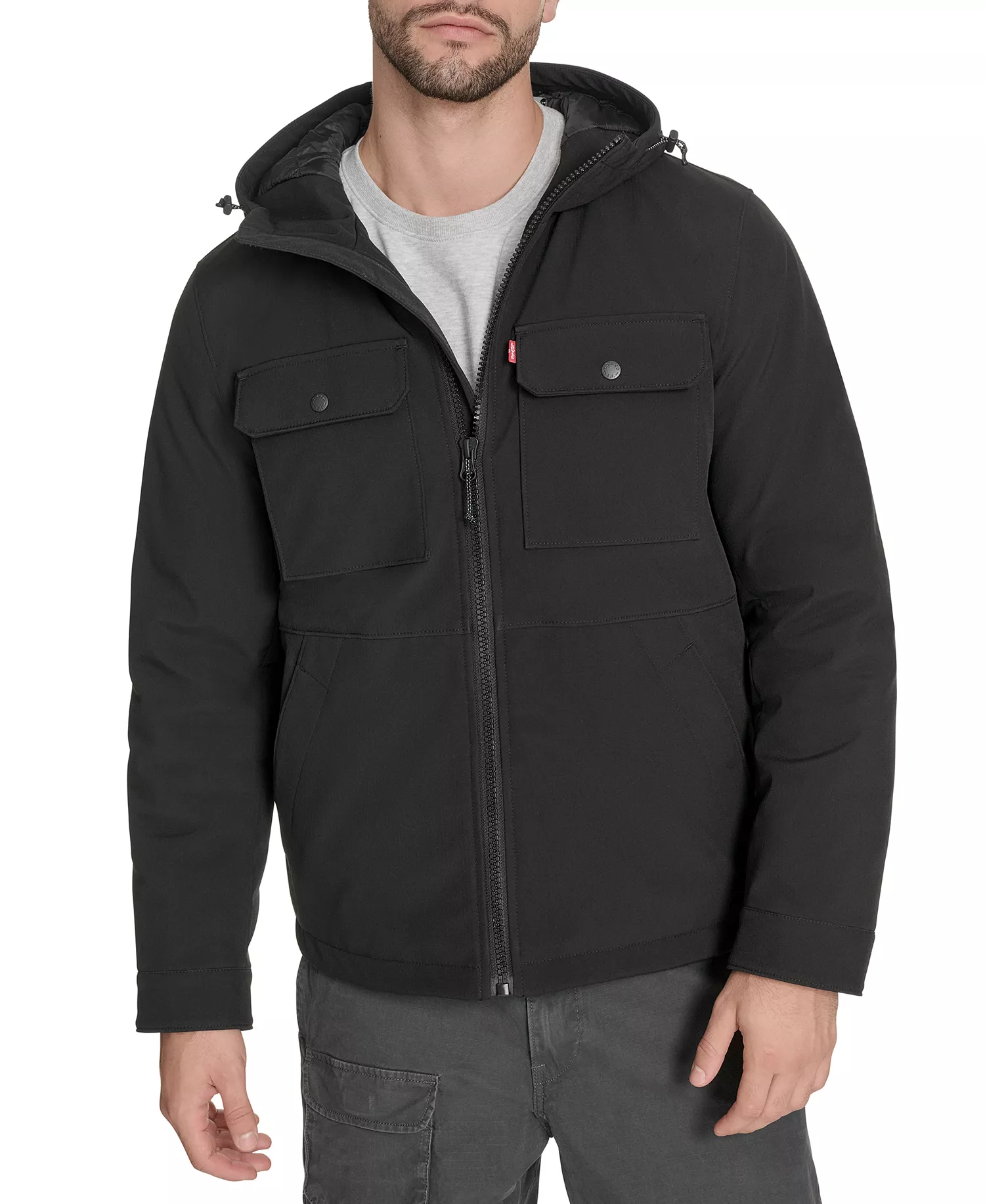 Men's Rib Stop Softshell with Hood Jacket  - Black - 2XL