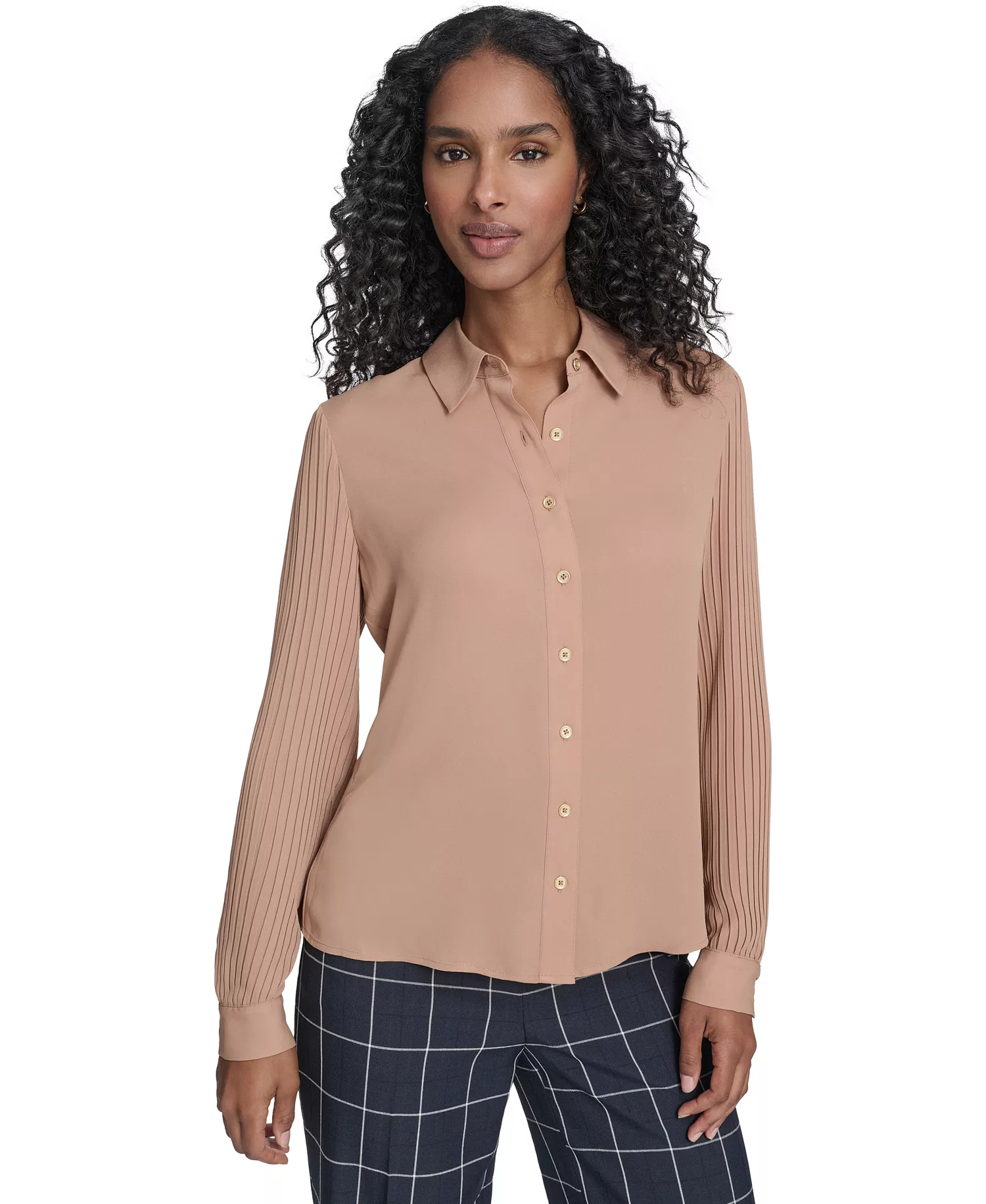 Women's Pleated Sleeve Button-Up Blouse - Brown Sugar - L