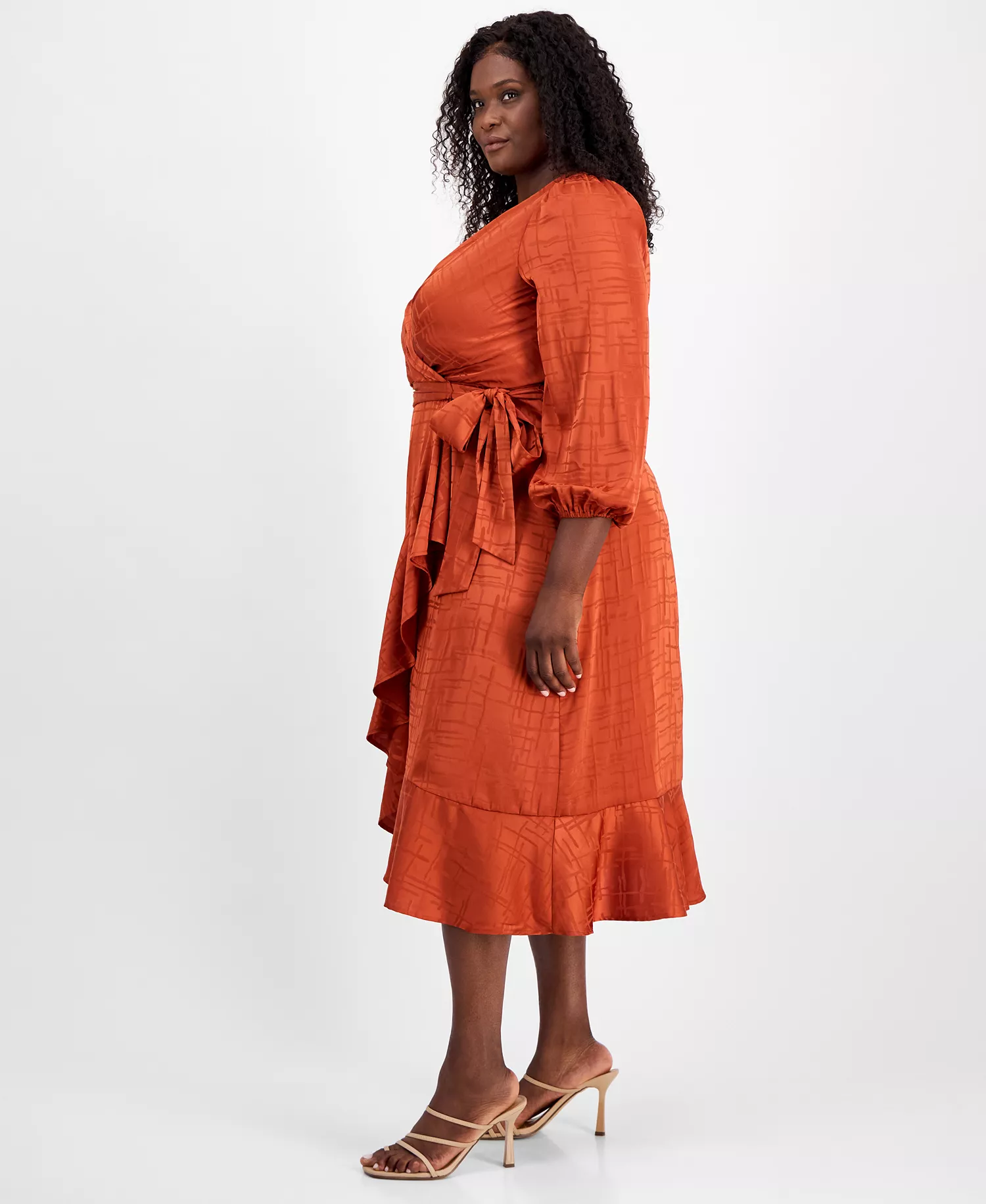 Plus Size Surplice V-Neck Belted Midi Dress - Persimmon - 14W