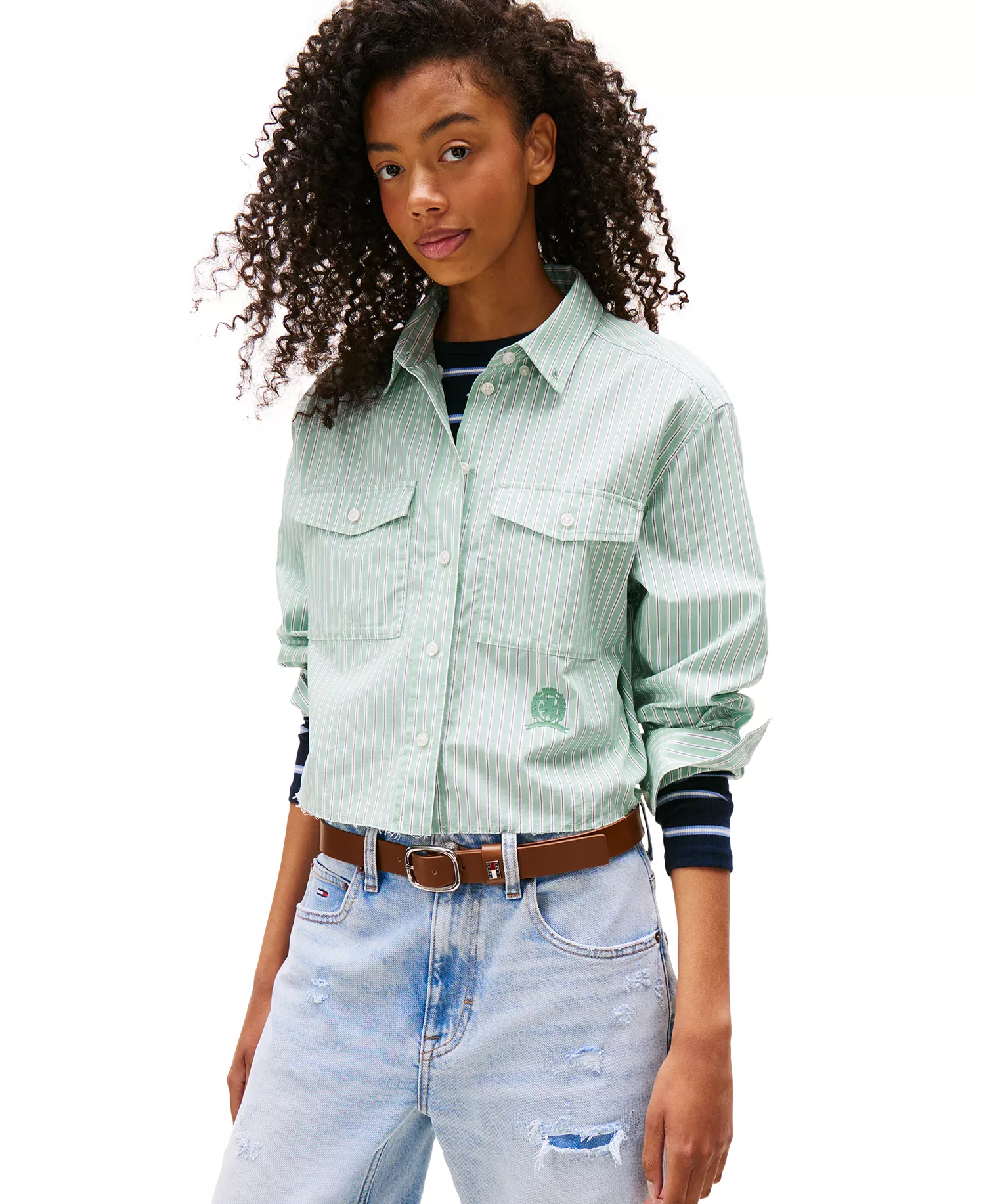 Women's Cotton Crop Button-Front Crest Shirt - Cloudy Jade - L