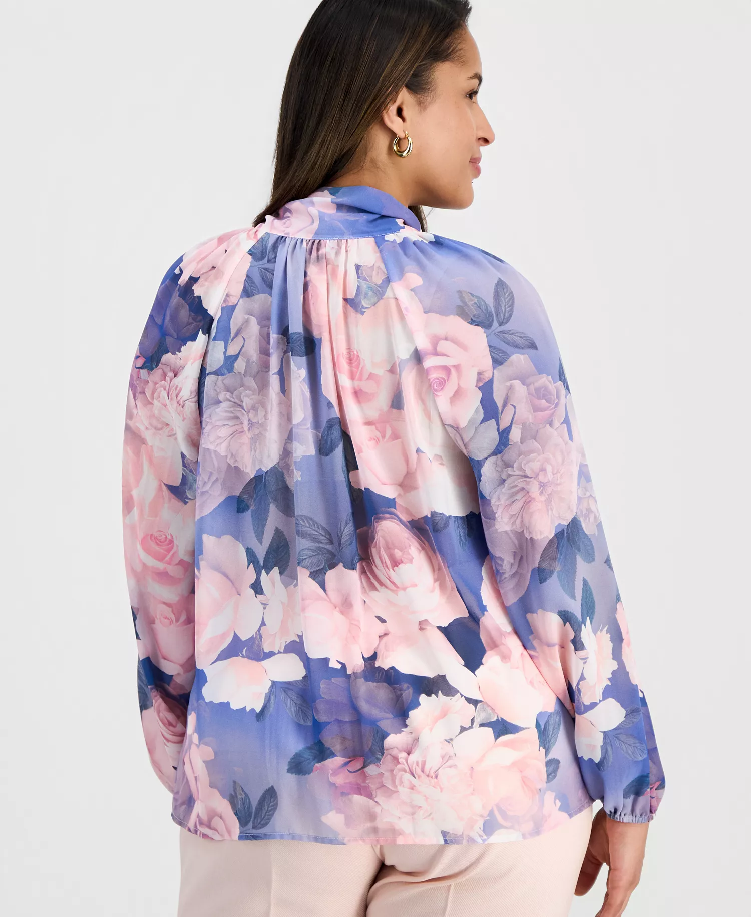 Plus Size Printed Ruffle-Tie Long-Sleeve Blouse - Blue Petal Floral - 1X