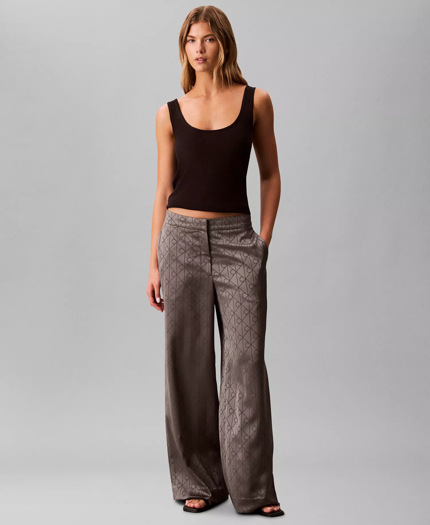 Women's All-Over Print Wide Leg Trousers - Pewter - 8