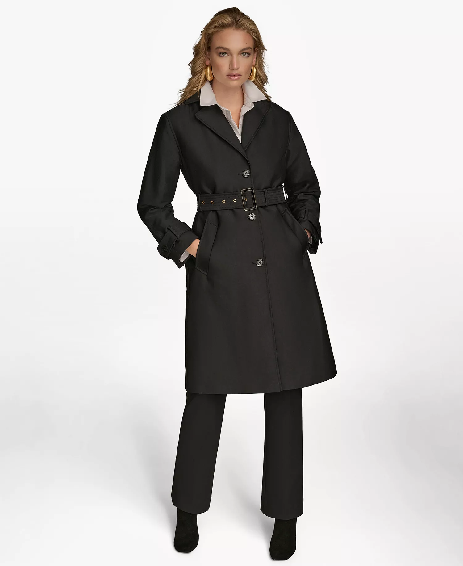 Women's Single-Breasted Belted Trench Coat - Black - L