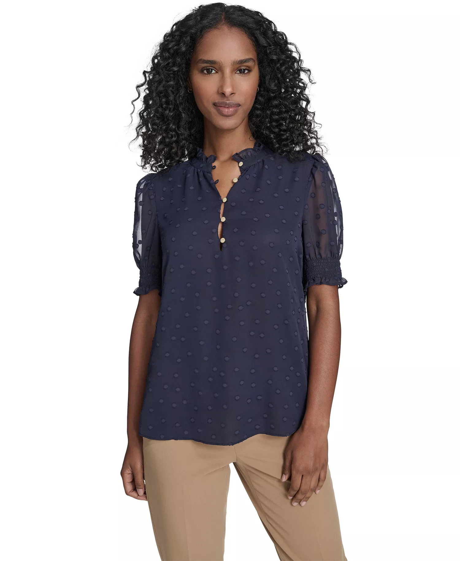 Women's Floral Clip Mock Neck Short Sleeve Blouse - Midnight - L