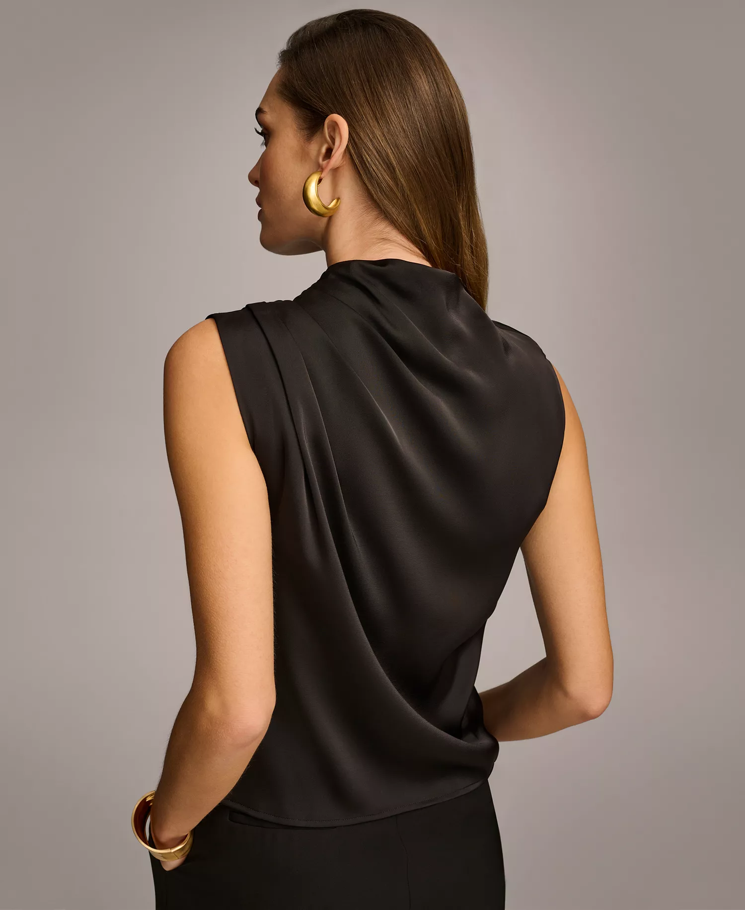 Women's Draped High Neck Sleeveless Top, Regular & Petite Sizes - Black - L