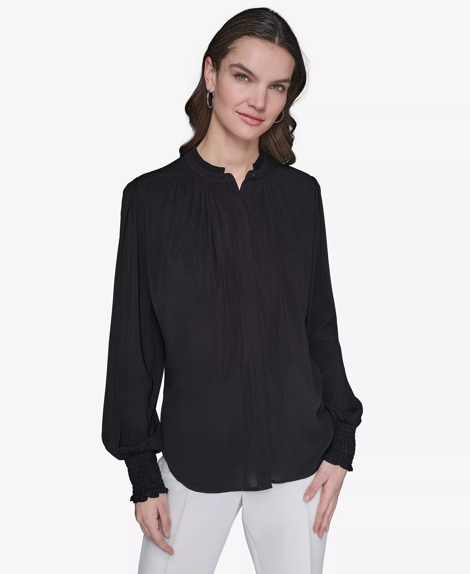 Women's Blouson-Sleeve Button-Front Blouse - Black - L