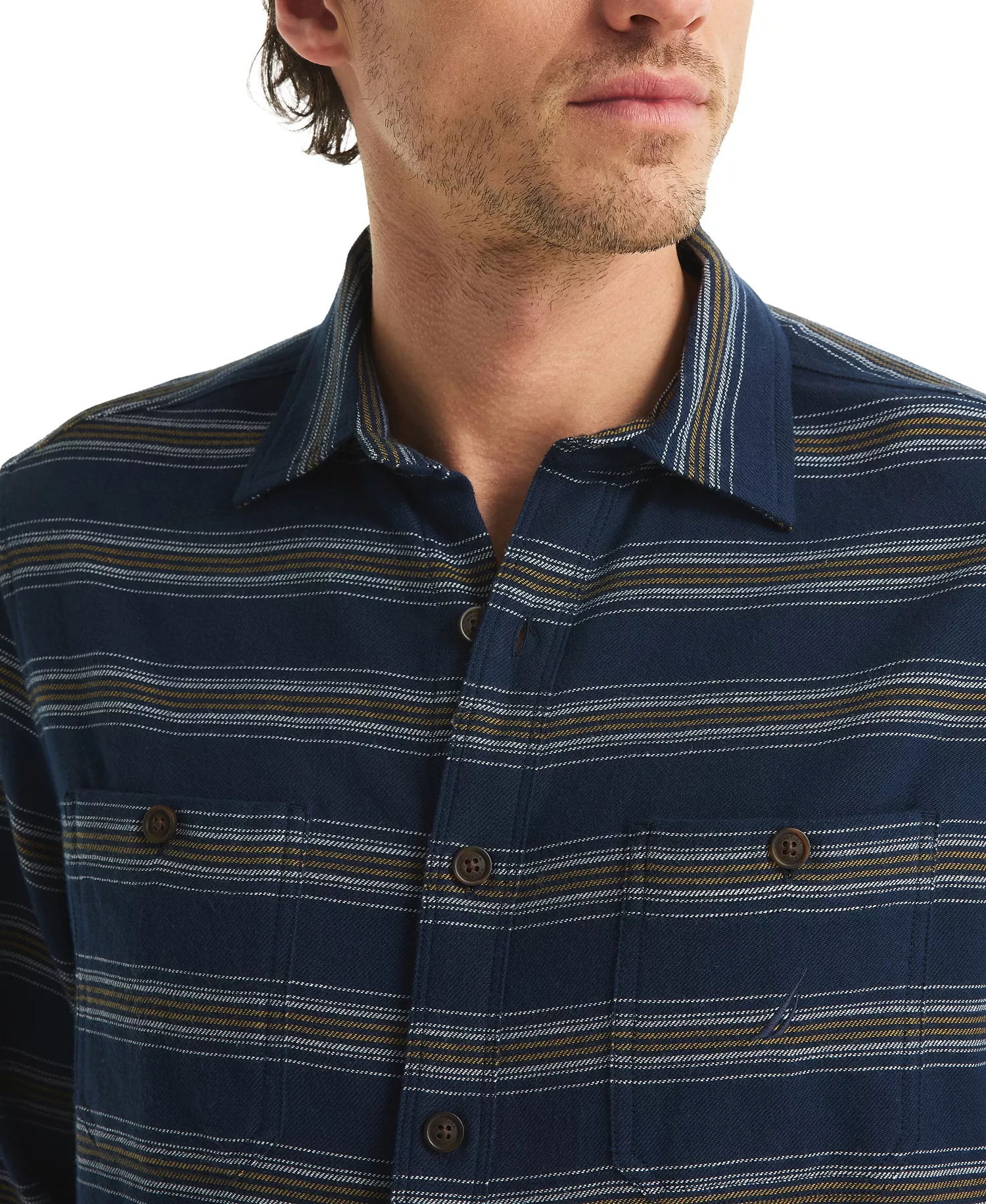 Men's Plaid Straight Collar Shirt - Navy Seas - 2XL