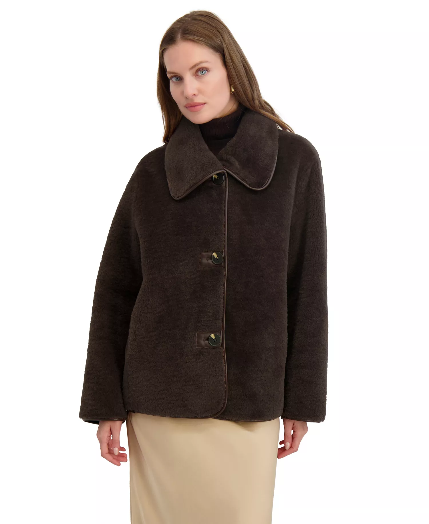 Women's Reversible Faux-Shearling Button-Front Coat - Chocolate - L