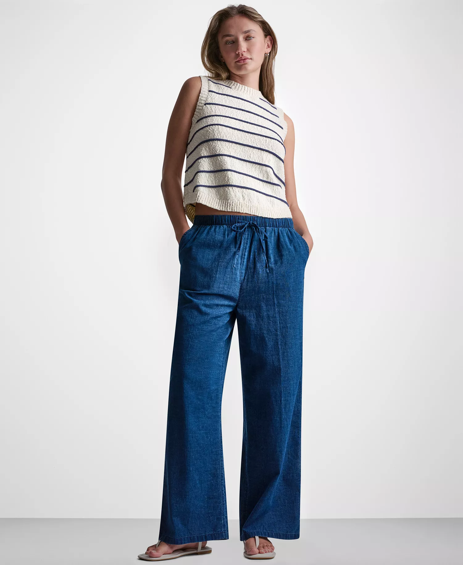 Petite Sleeveless Crewneck Striped Sweater - Eggnog/Indigo - PL