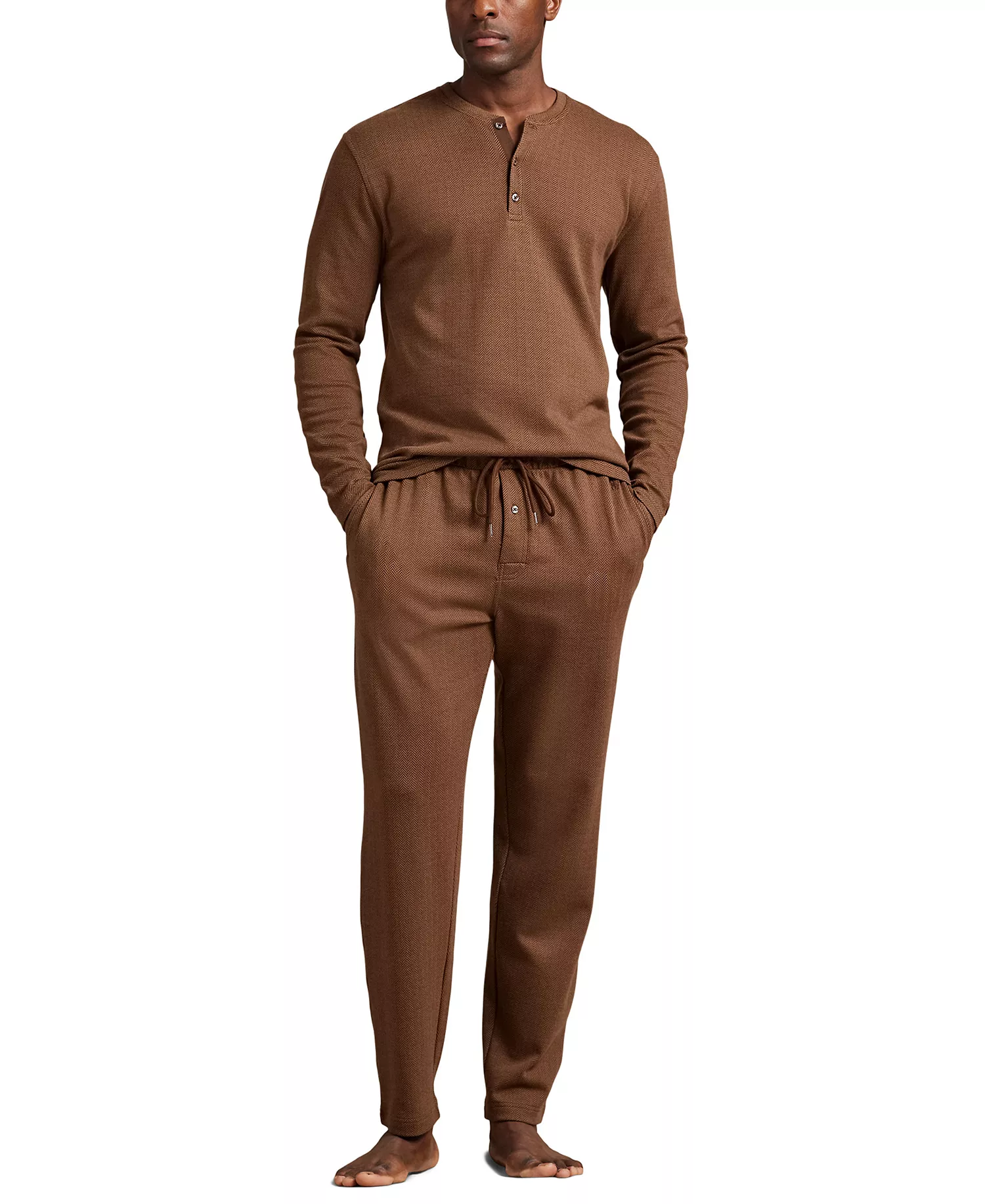 Men's Long Sleeve Herringbone Henley Sleep Shirt - American Brown - L