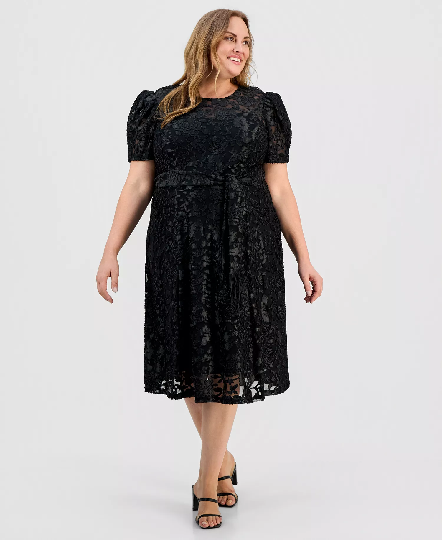 Plus Size Puff-Sleeve Burnout Midi Dress - Black - 14W