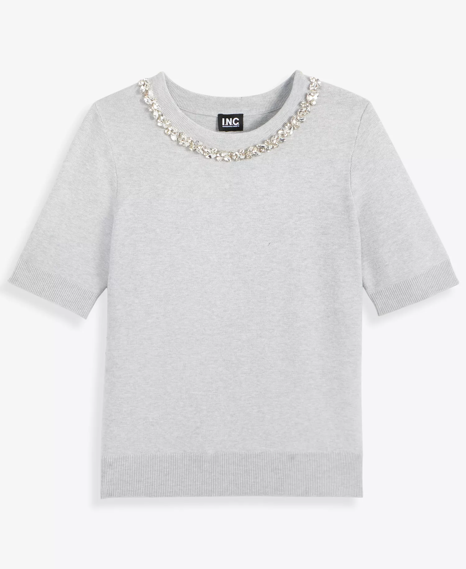 Women's Short-Sleeve Embellished-Neck Sweater, Macy's Exclusive - Hthr Belle - M