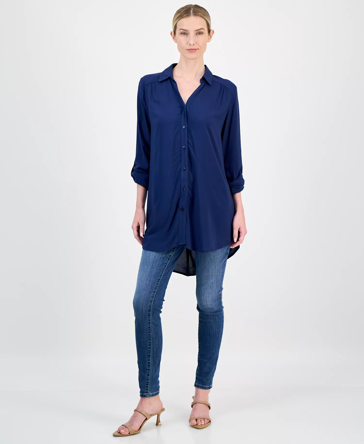 Women's Roll-Tab Button-Down Long Blouse, Created for Macy's - Indigo Sea - L