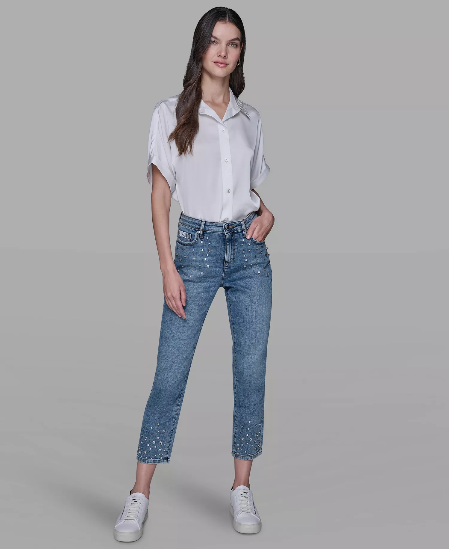 Women's Embellished Mid Rise Ankle Jeans - Blue Star Wash - 10