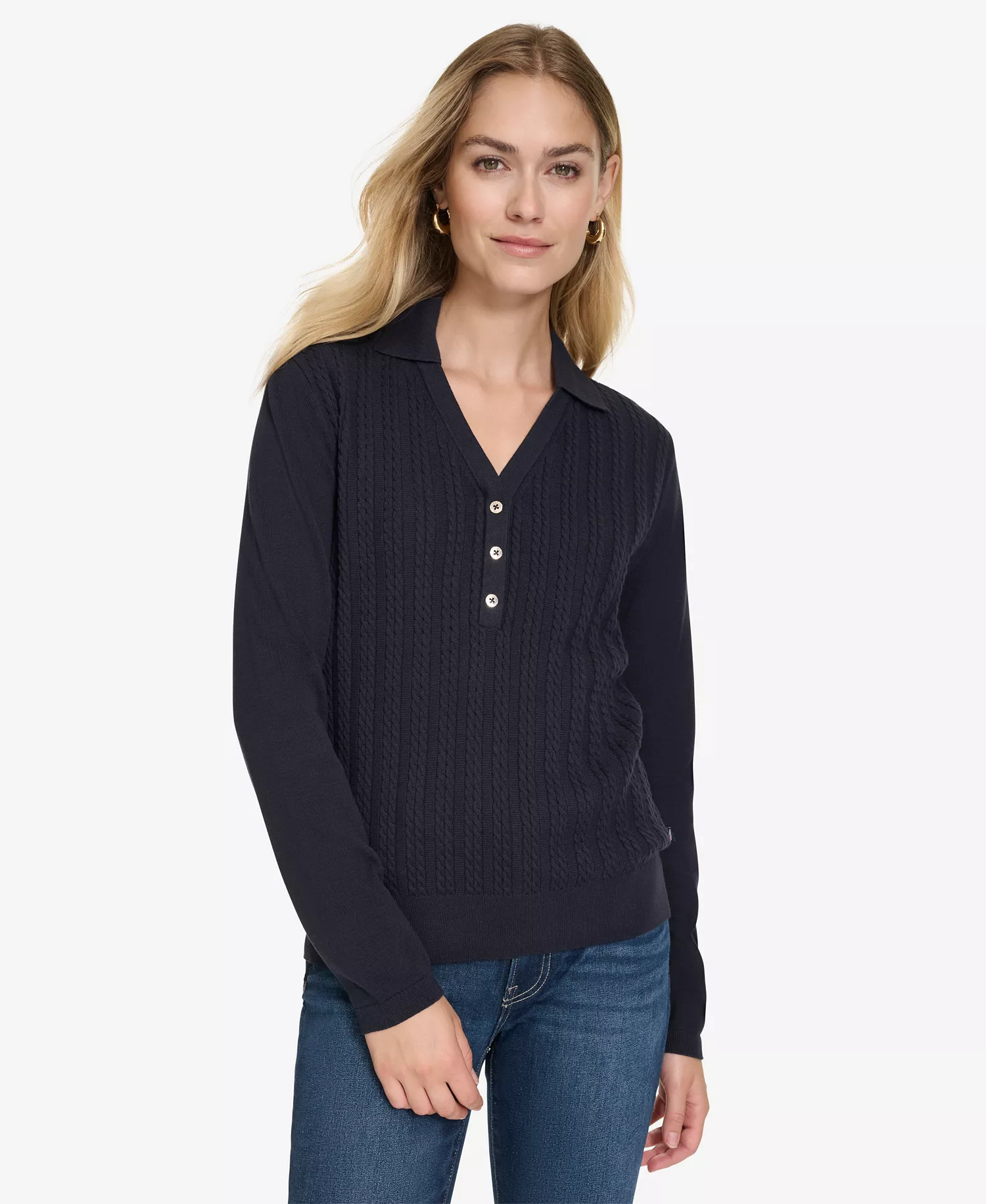 Nautica Women's Solid Button V Neck Polo Sweater - Night Sky - S