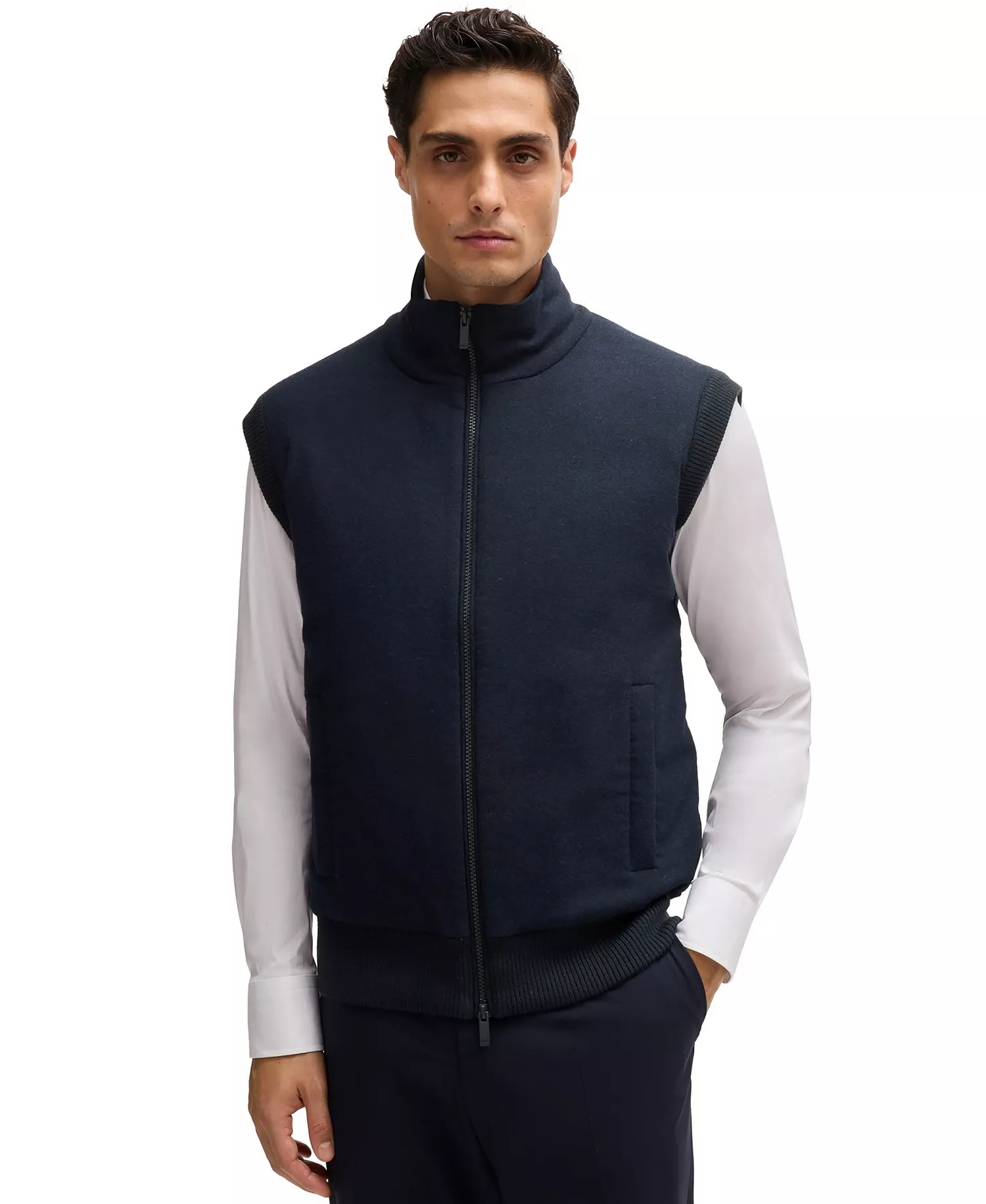 Men's Brushed-Flannel Front Regular-Fit Vest - Dark Blue - L