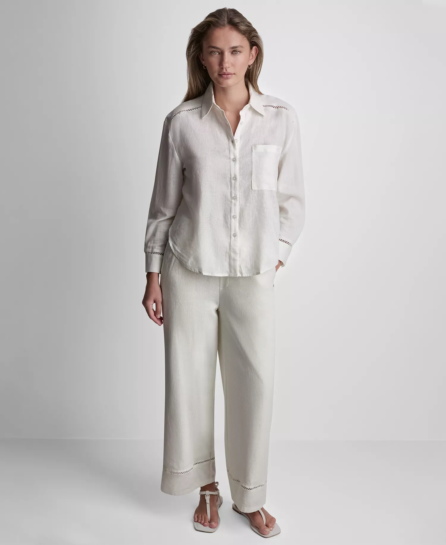 Petite Linen-Blend Long-Sleeve Button-Front Shirt - Ivory - PL
