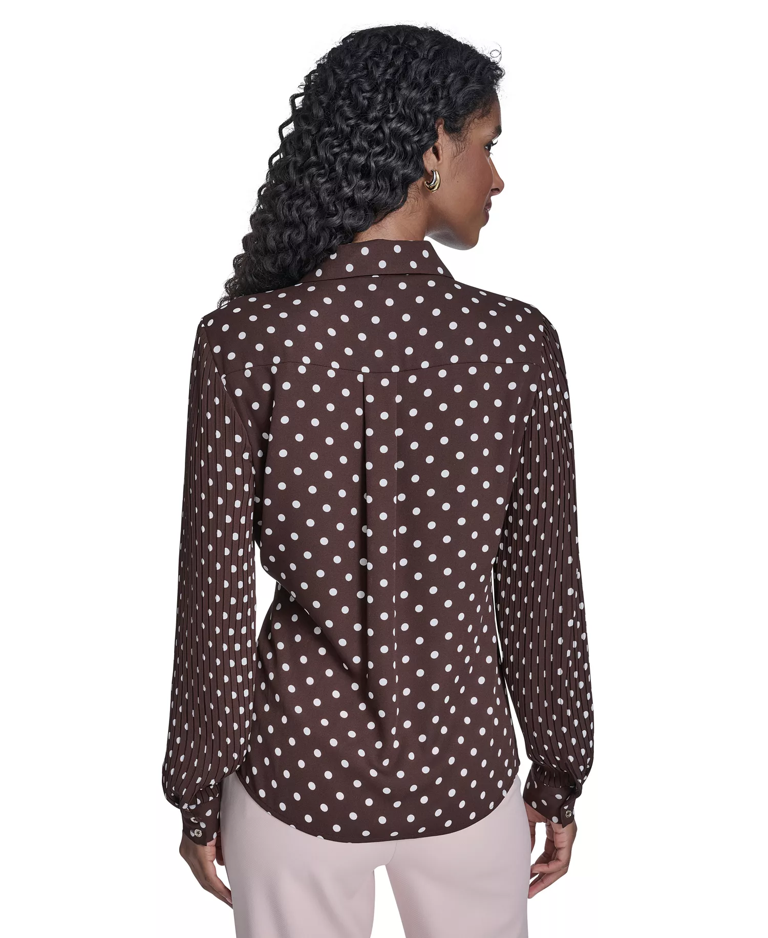 Women's Dot Pleated-Sleeve Button-Up Top - Chicory/ Ivory - L