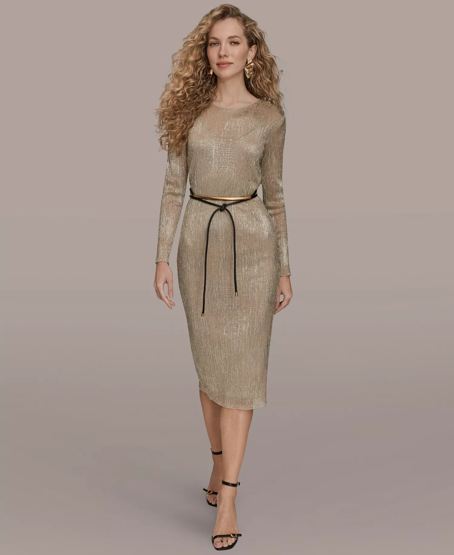 Women's Foil Mesh Belted Midi Dress - Gold - 2