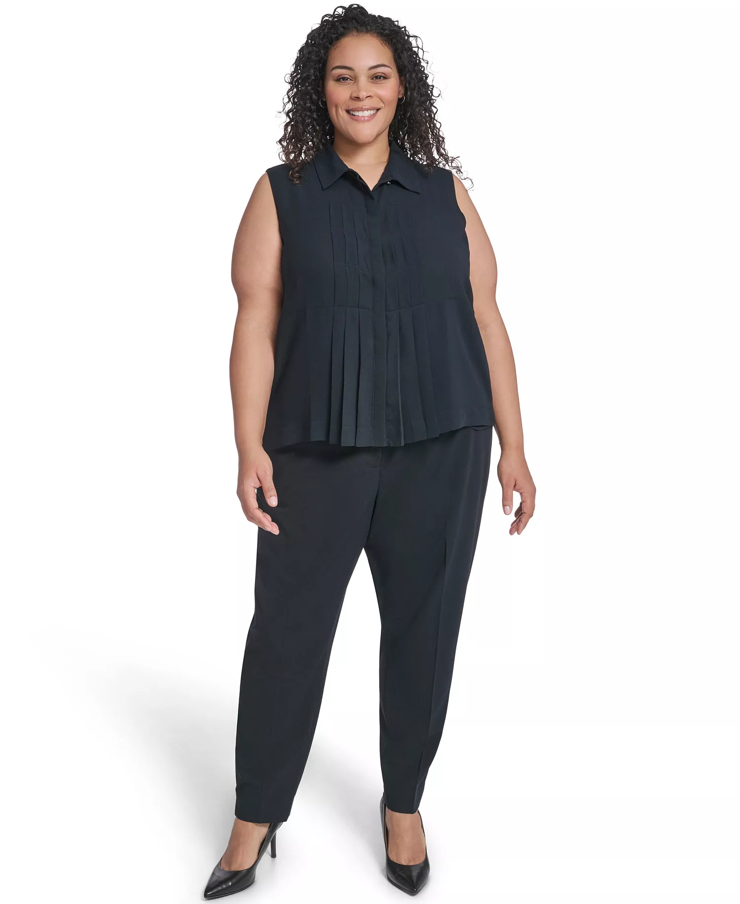 Plus Size Collared Neck Sleeveless Top - Navy - 1X