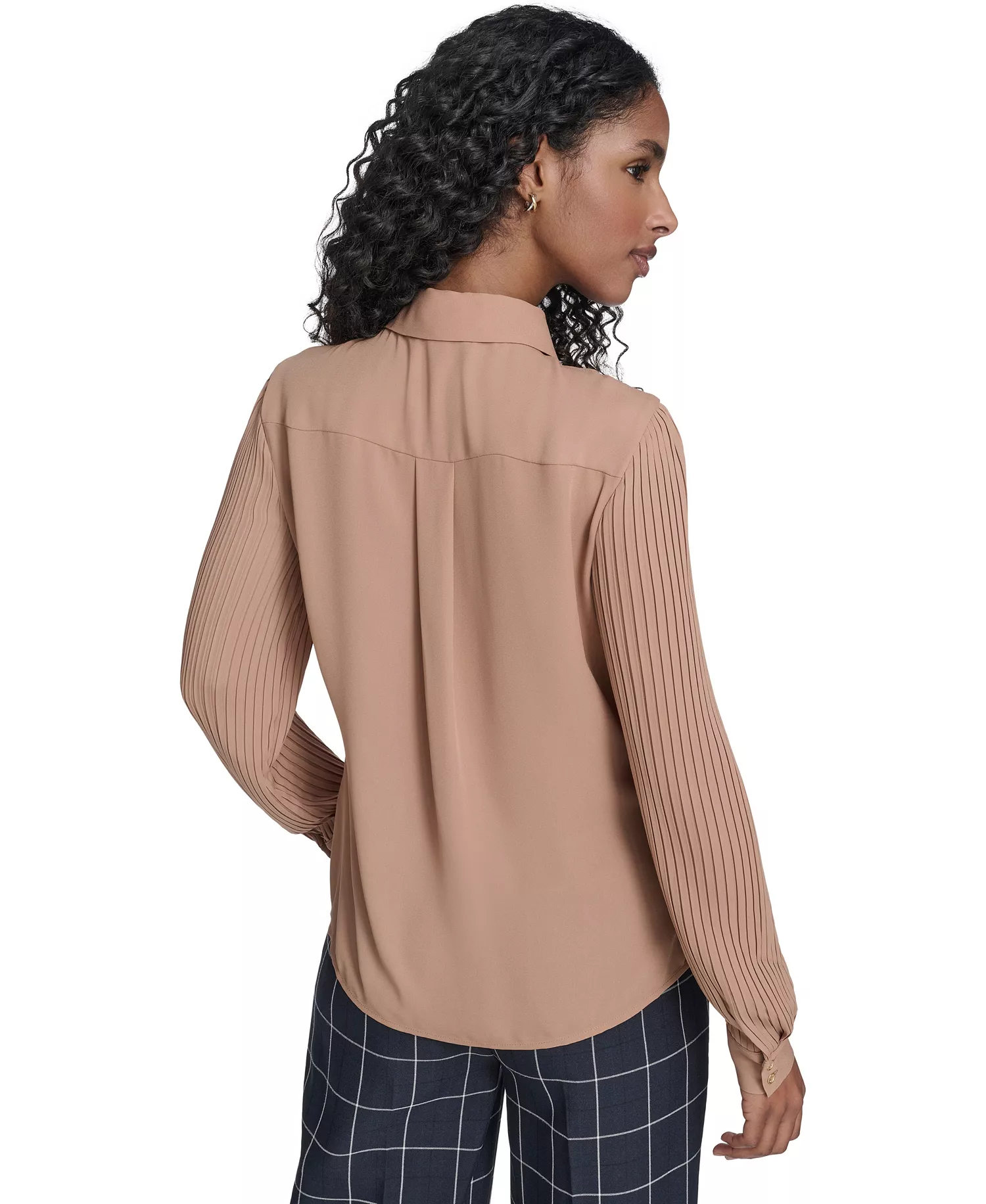Women's Pleated Sleeve Button-Up Blouse - Brown Sugar - L