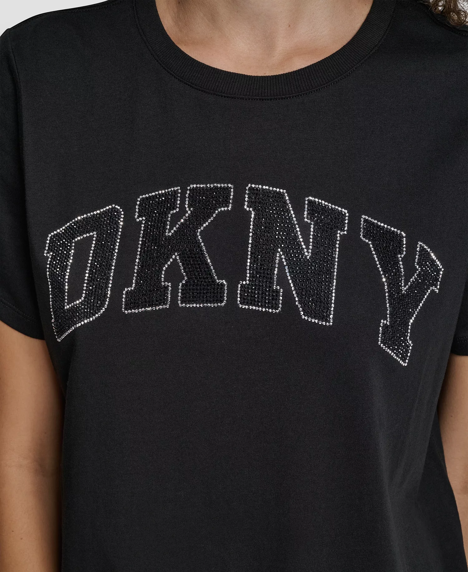 Women's Arched Exploded Rhinestone Crew Neck T-Shirt - Black/black - L