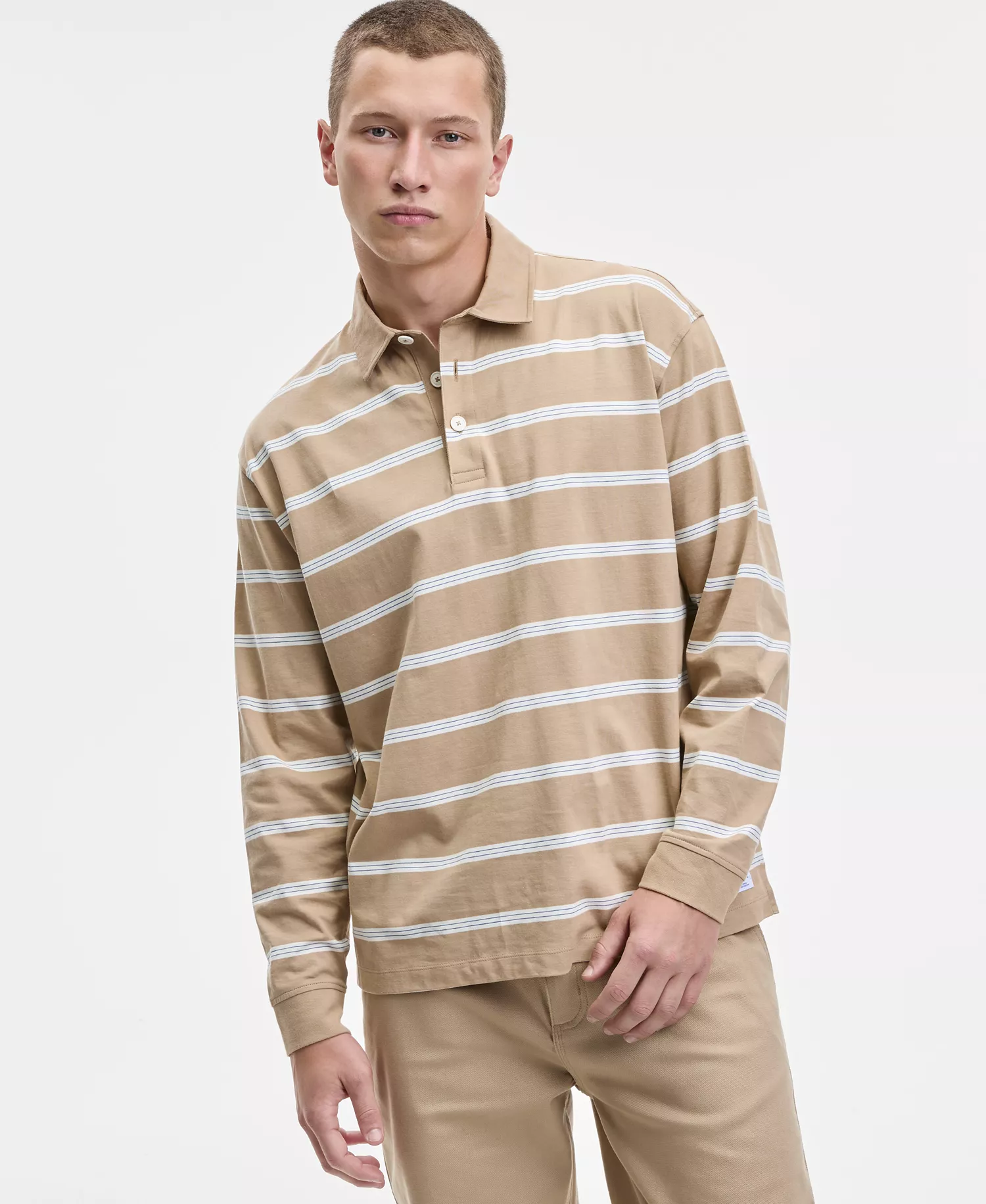 Men's Nolongi Relaxed-Fit Long-Sleeve Striped Polo Shirt - Tan - 2XL