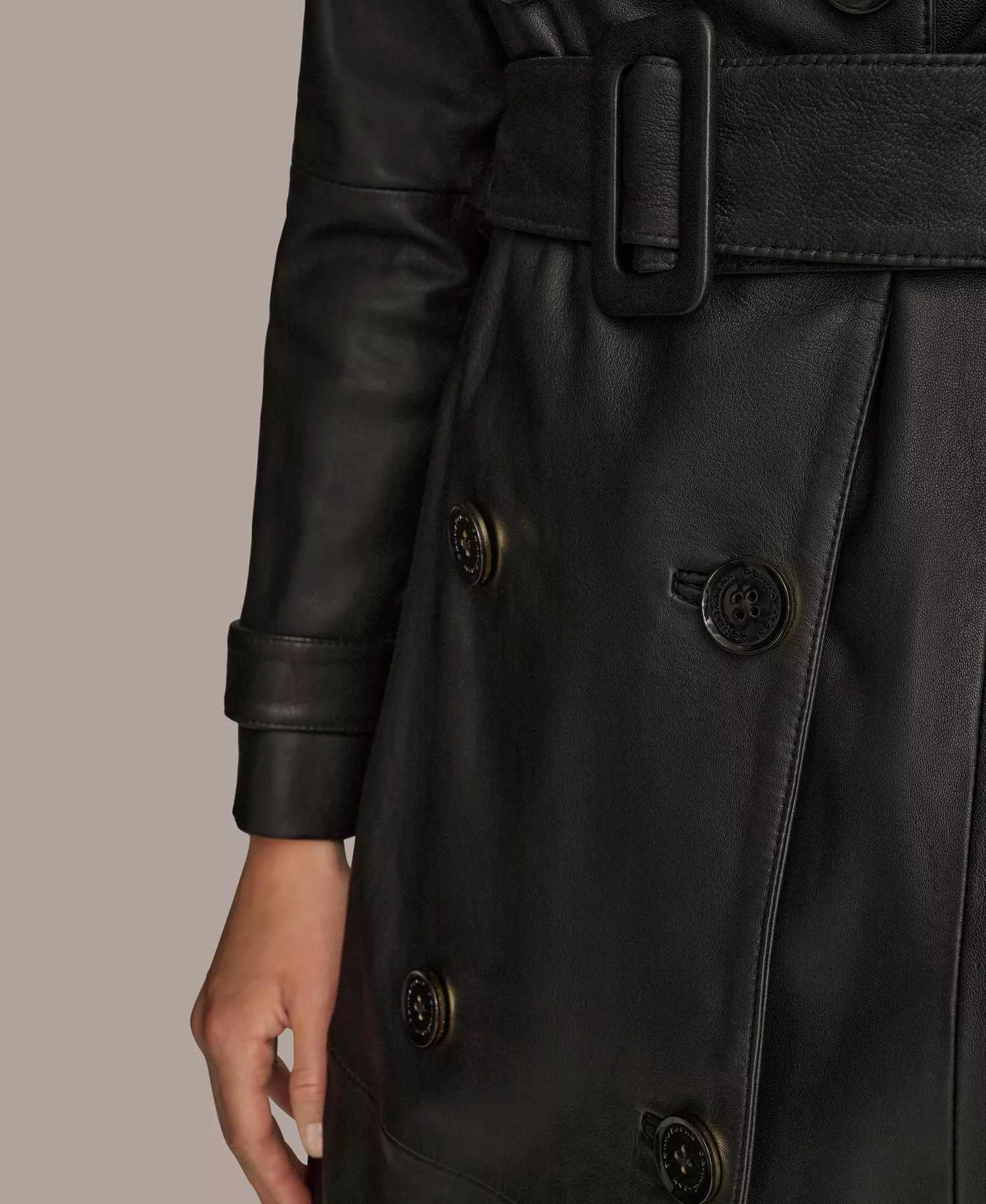 Women's Belted Leather Trench Coat - Black - L