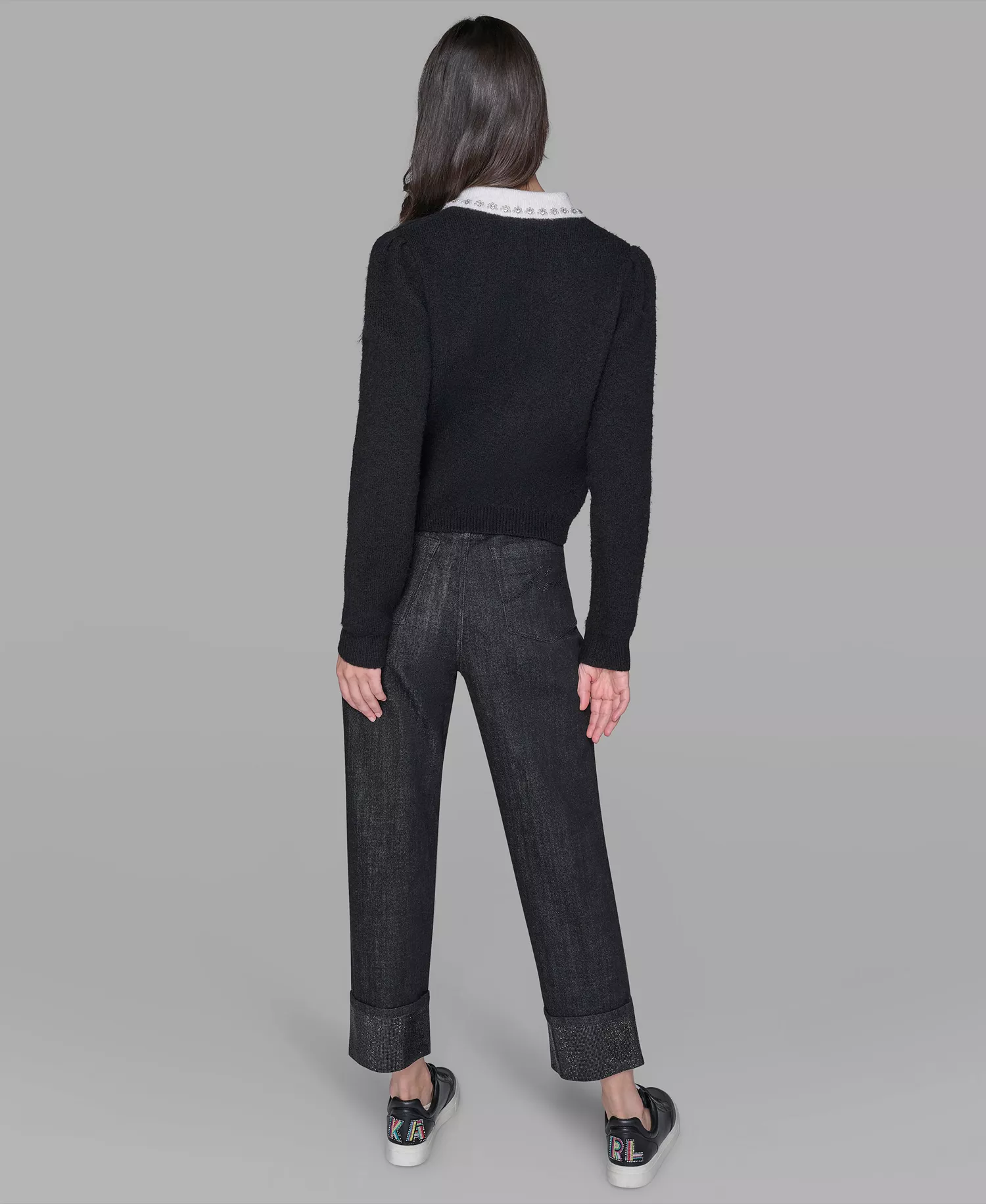 Women's Contrast Collar Sweater - Black/soft White - L