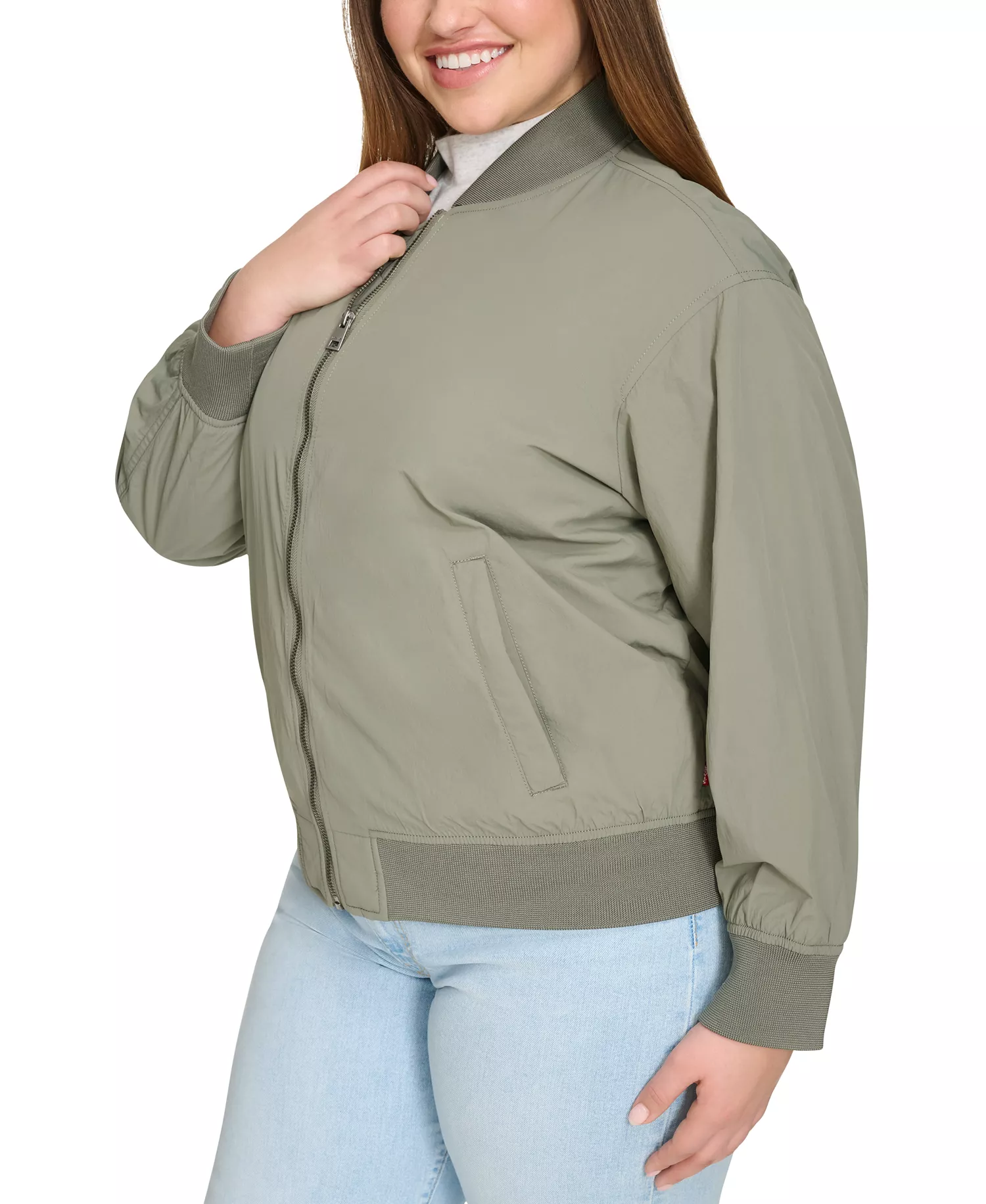 Trendy Plus Size Lightweight Zip-Front Bomber Jacket - Sage - 1X