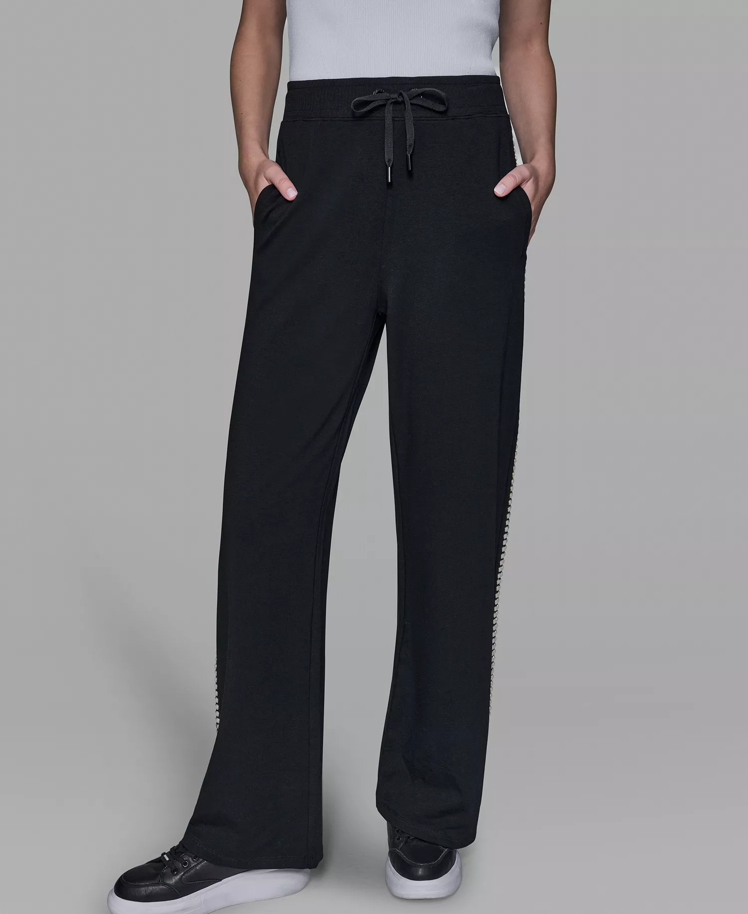 Women's Pearl Trim Mid Rise Track Pants - Black - L