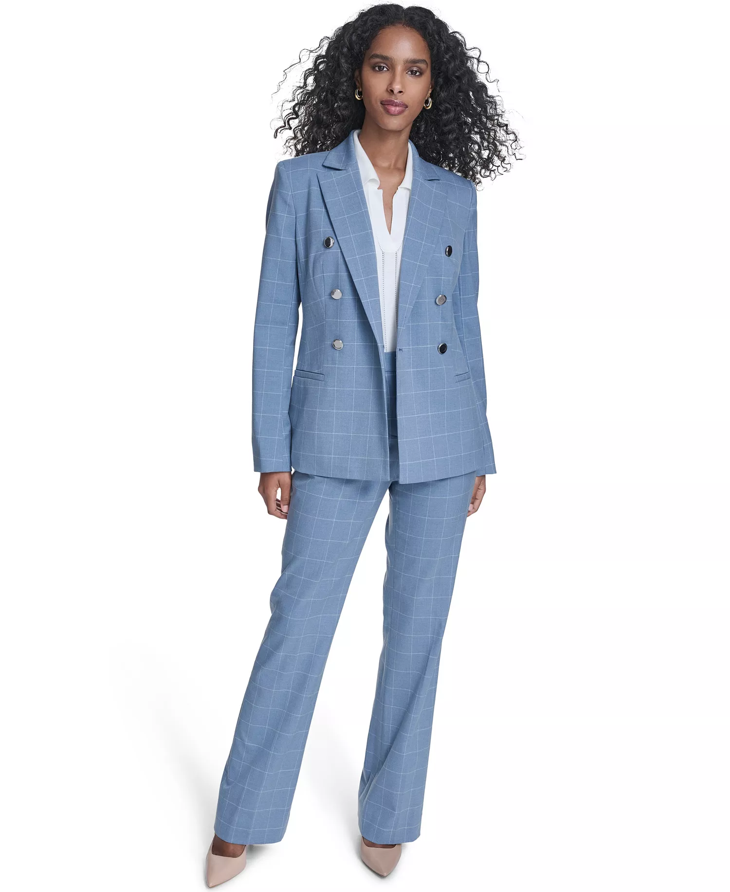 Women's Windowpane Double Breast Jacket, Sleeveless Collared Sweater, and Windowpane Modern Fit Pants - Light Flint/cream - 10