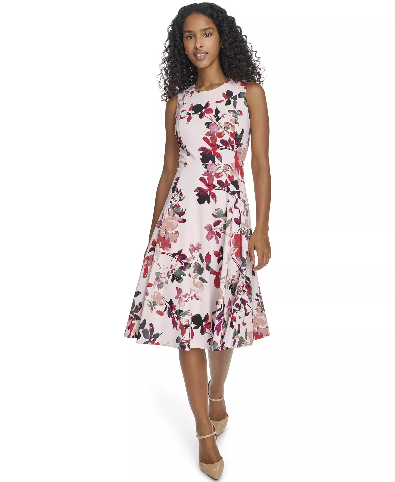 Women's Printed Crewneck Midi Dress - Blush Multi - 10