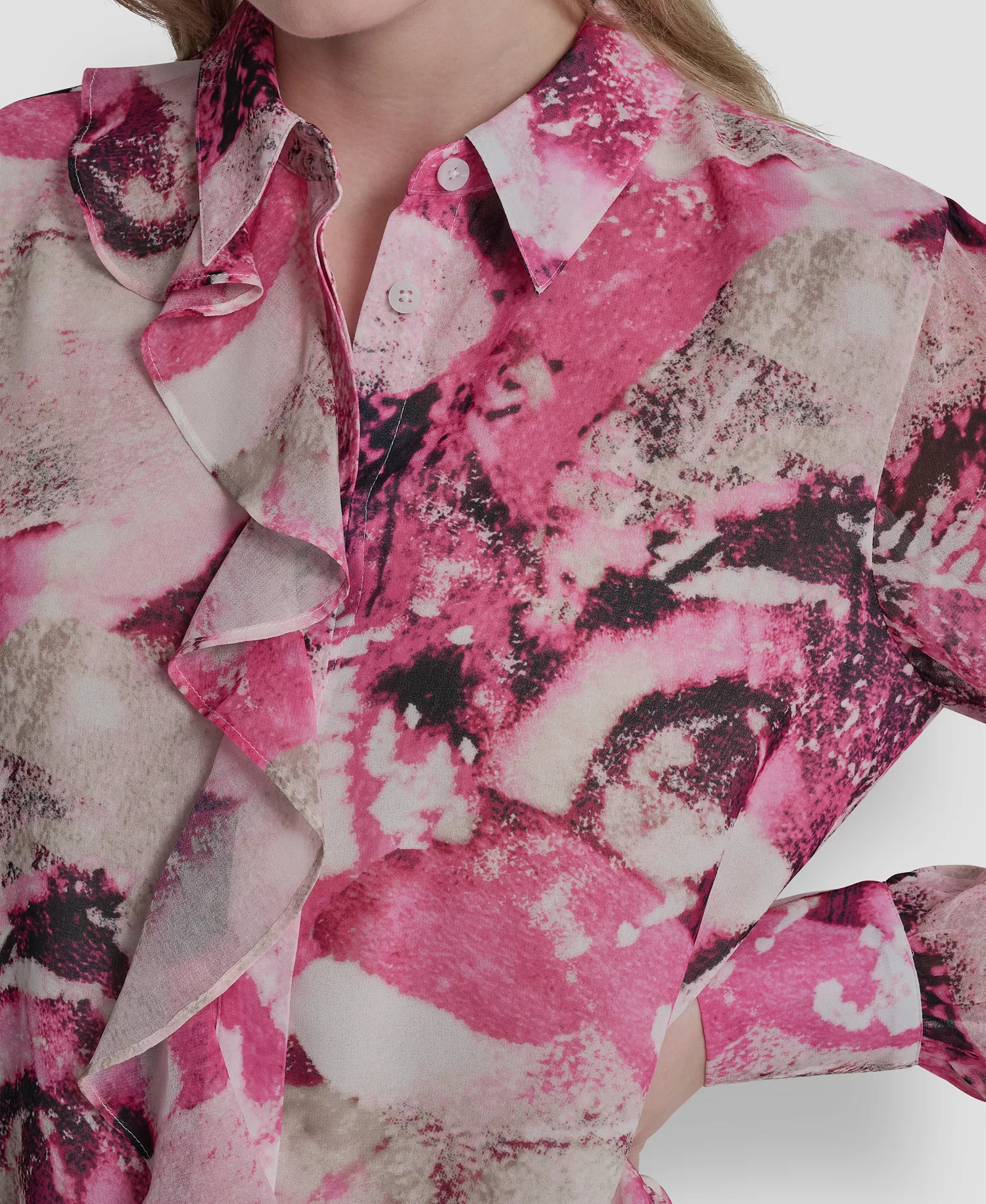 Women's Collared Long-Sleeve Ruffle Detail Shirt - Hot Pink/Pebble Multi - L