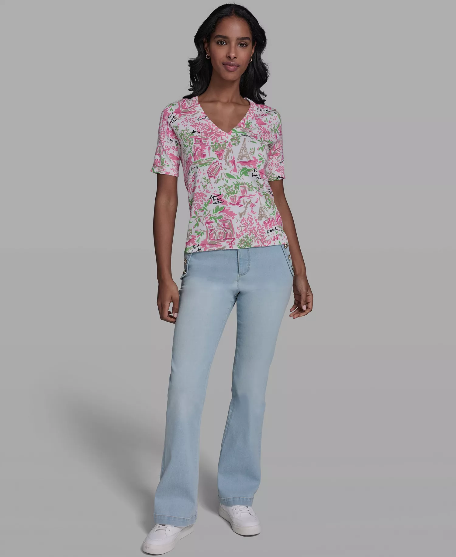 Women's V-Neck Parisian Floral Printed Pull-On Sweater - Soft White/pink Carnation Multi - L