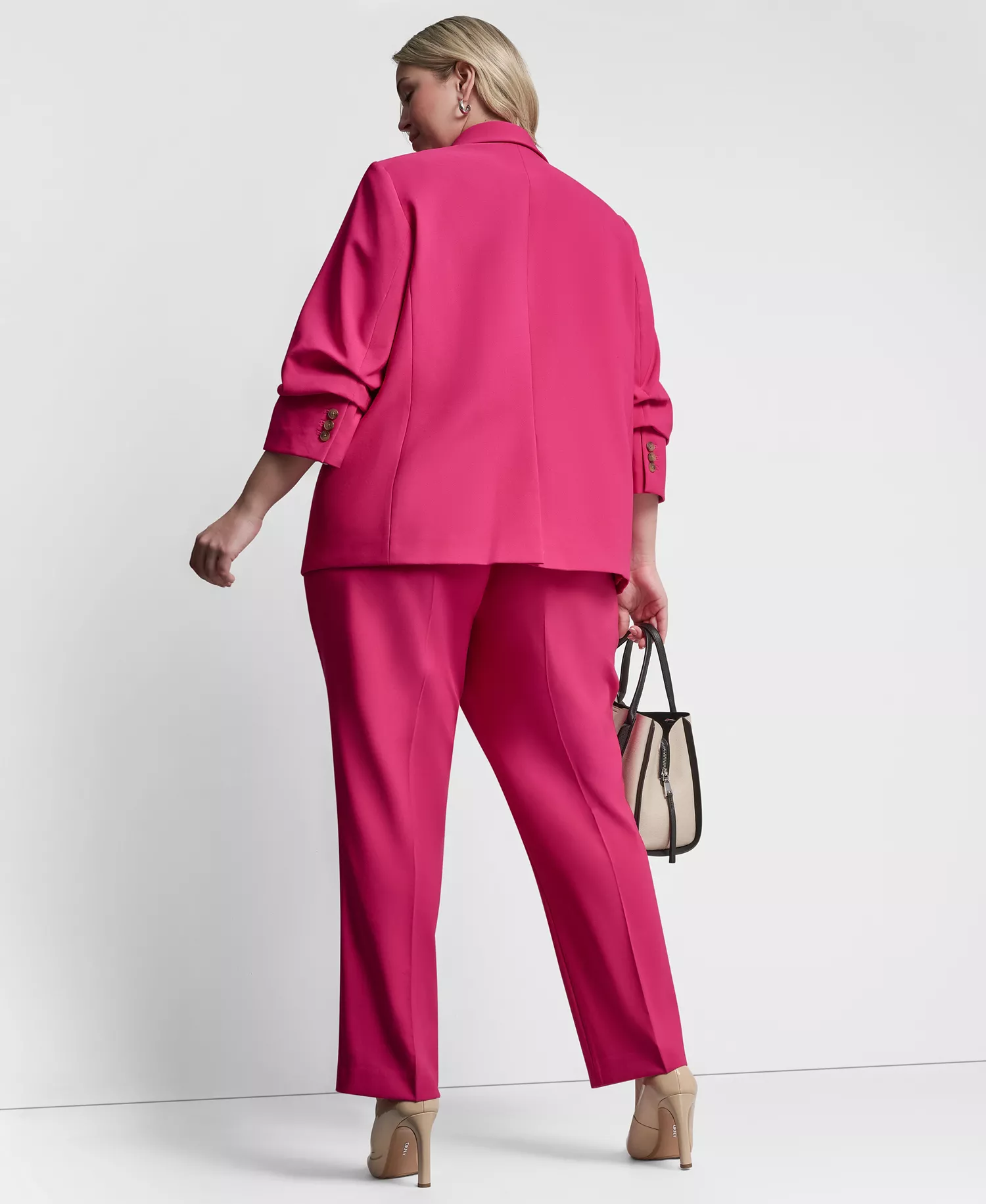 Plus Size 1-Button Ruched-Sleeve Blazer - Hot Pink - 14W