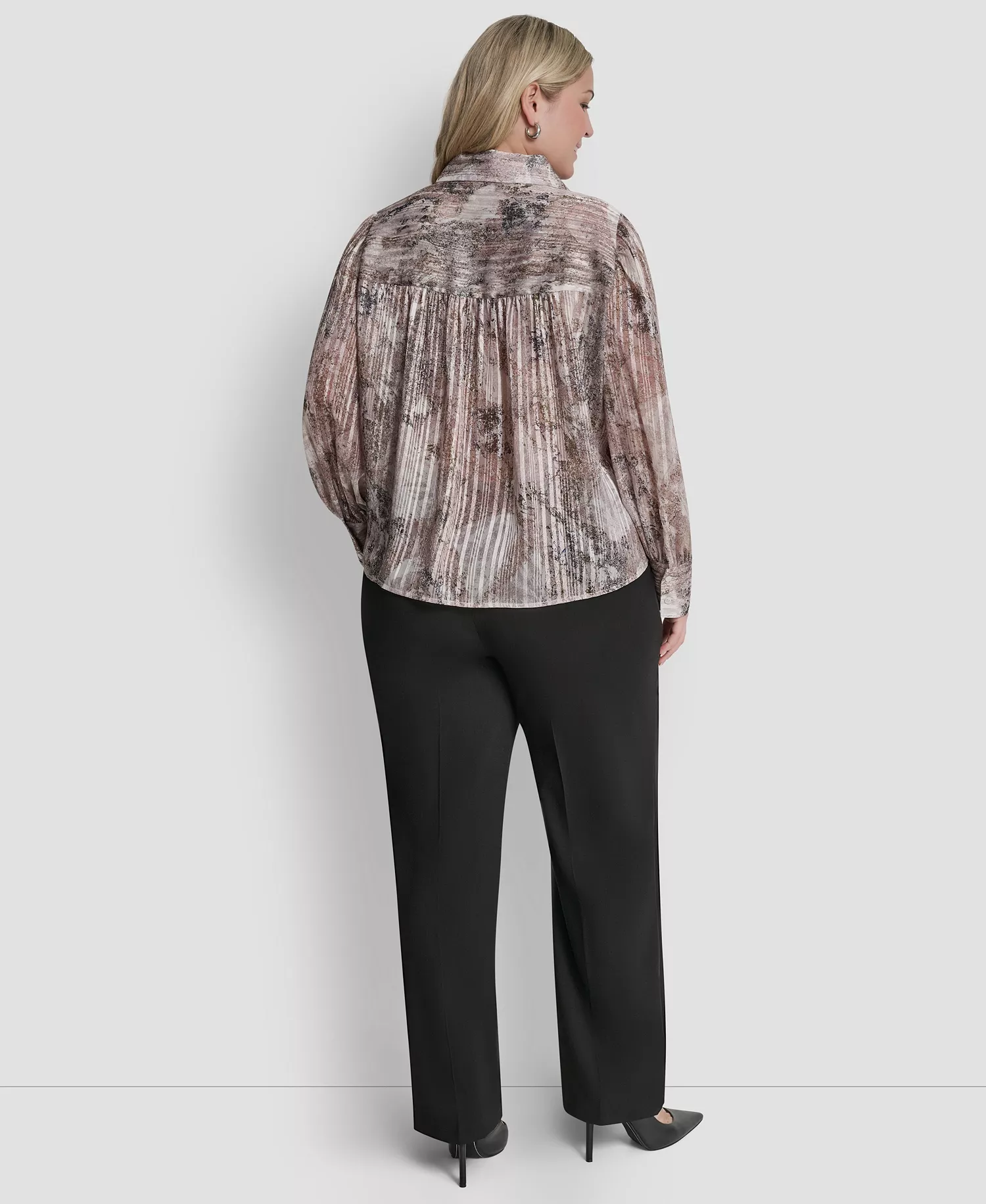 Plus Size Collared Neck Long-Sleeve Top - Coconut/Travertine Multi - 1X