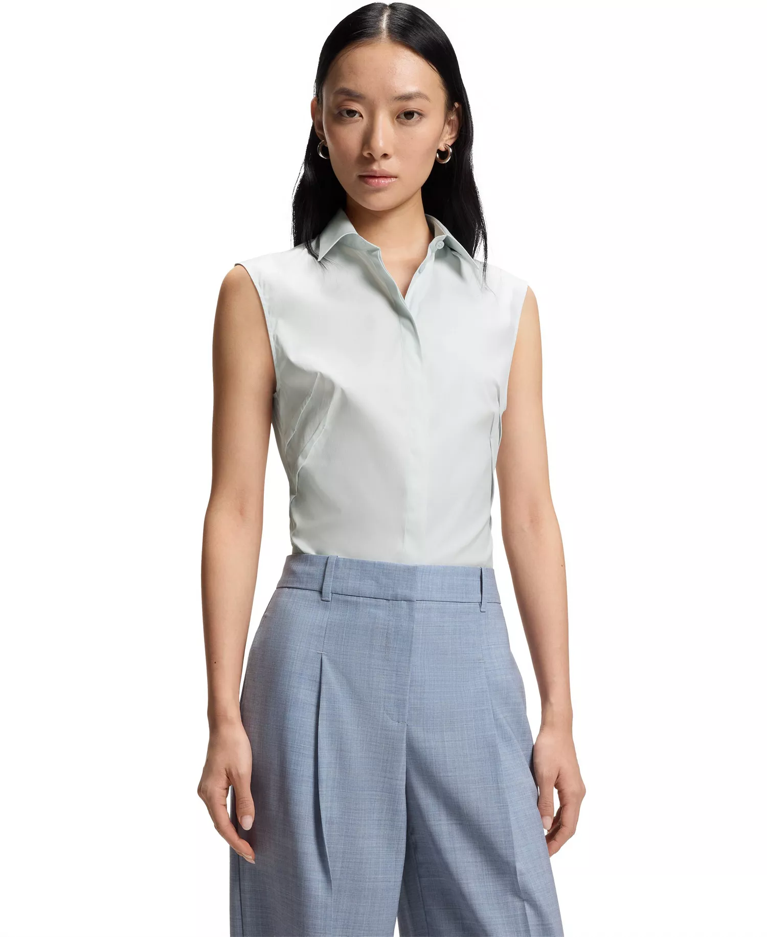 BOSS by Women's Stretch-Cotton Blend Sleeveless Slim-Fit Blouse - Open Blue - 10