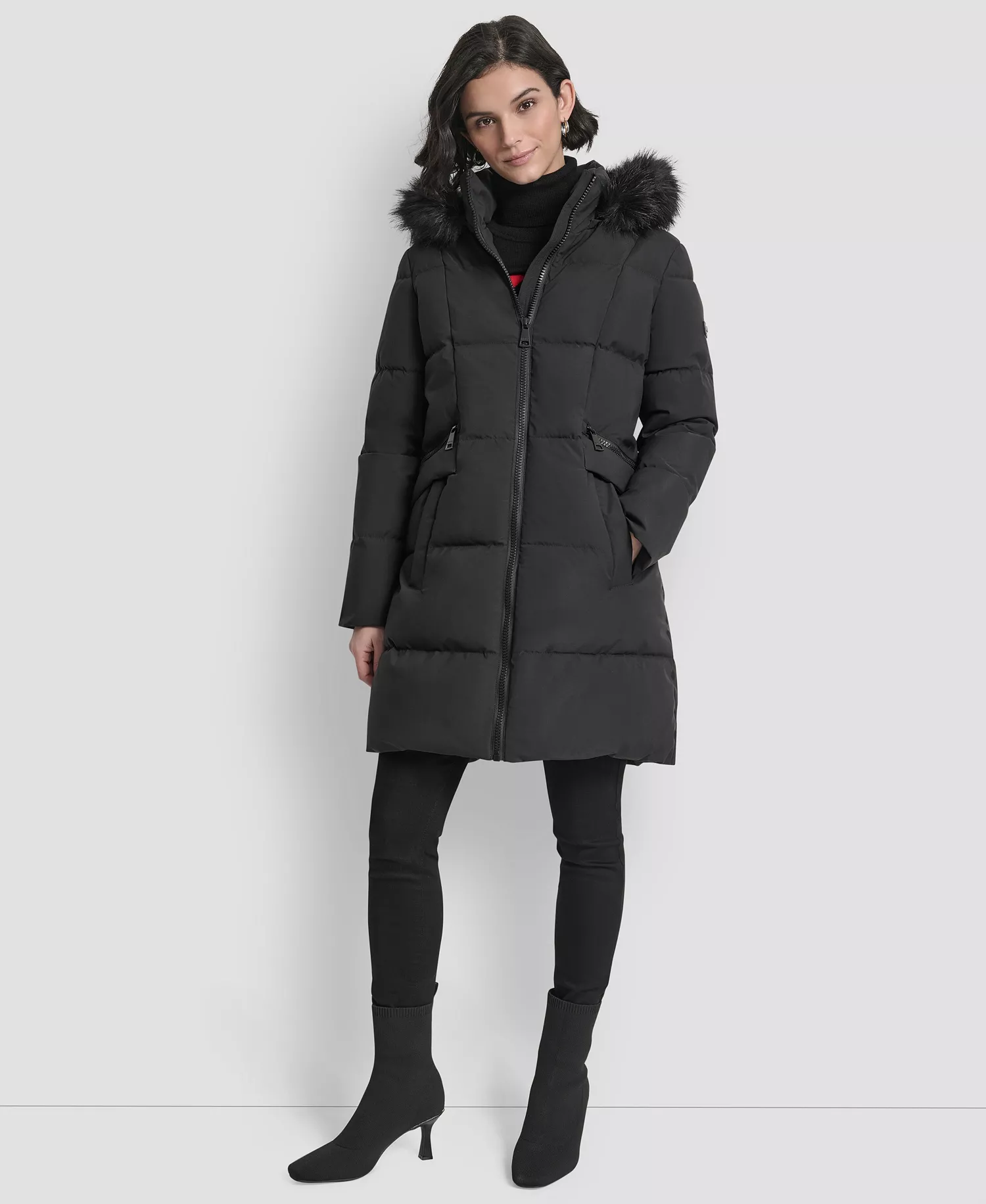 Women's Hooded Zipper Puffer Coat - Black - L