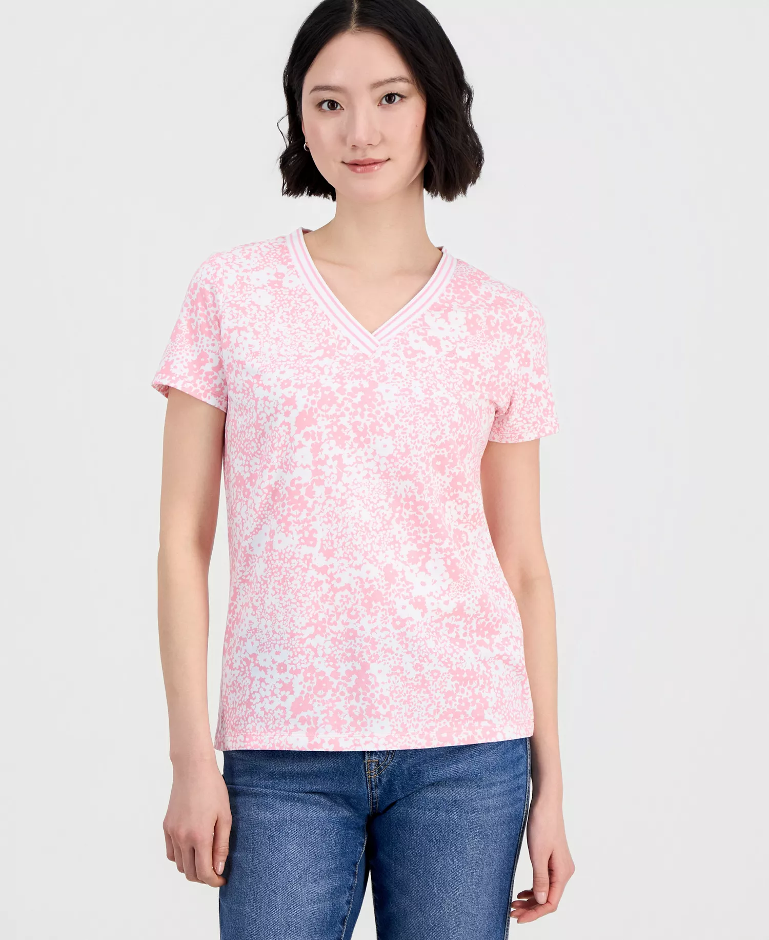 Women's V-Neck Short-Sleeve T-Shirt - English Rose/ Bright White - L