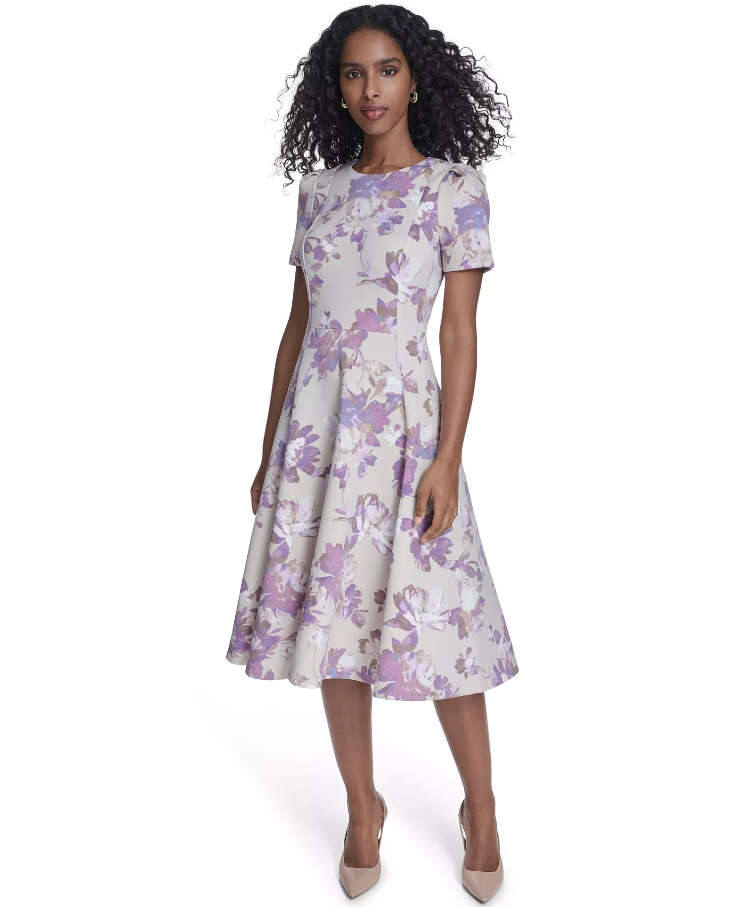 Women's Short-Sleeve Scuba Midi Dress - Khaki/Regal Multi - 10