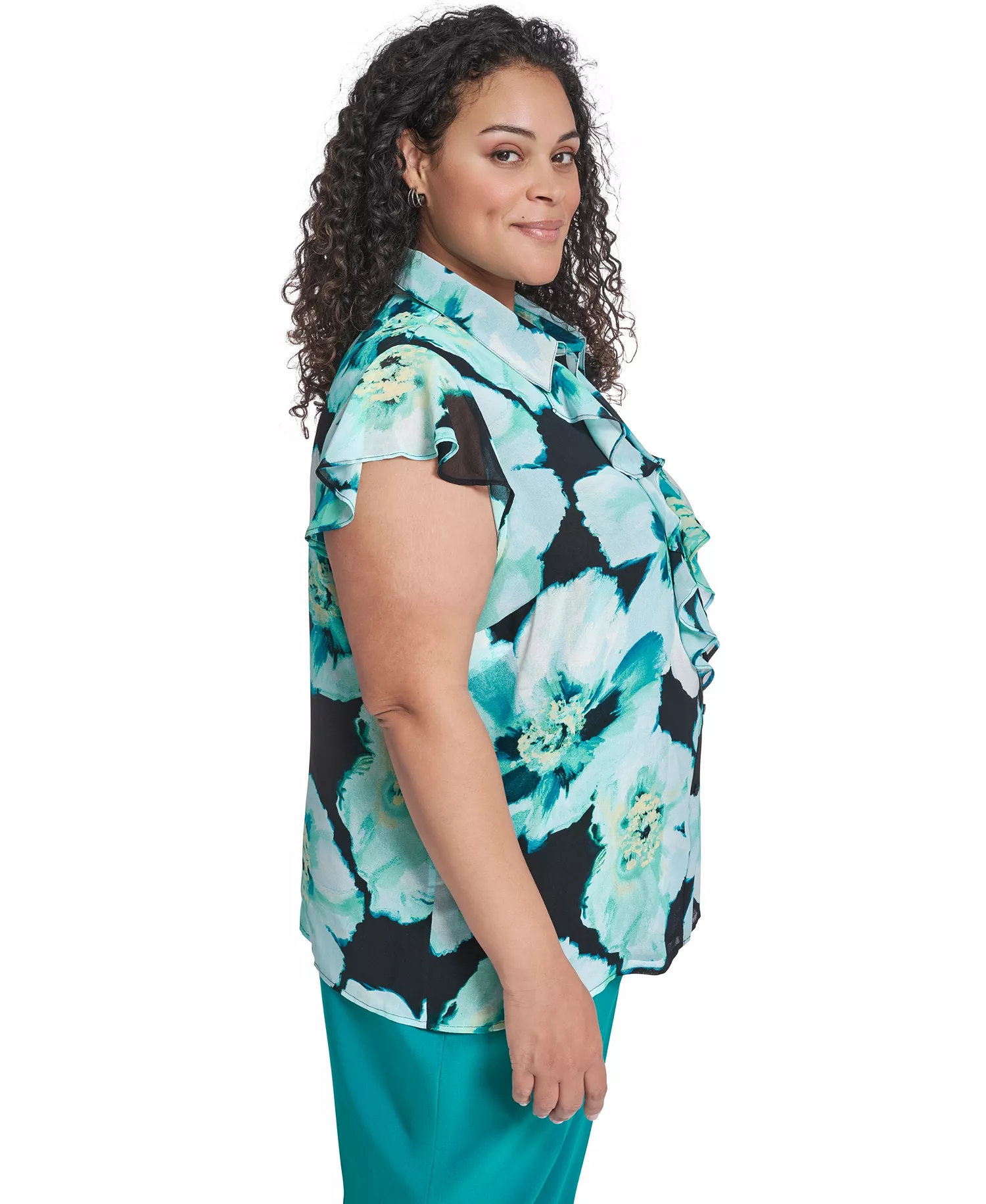 Plus Size Collared Neck Short-Sleeve Top - Navy/Seaspray Multi - 1X