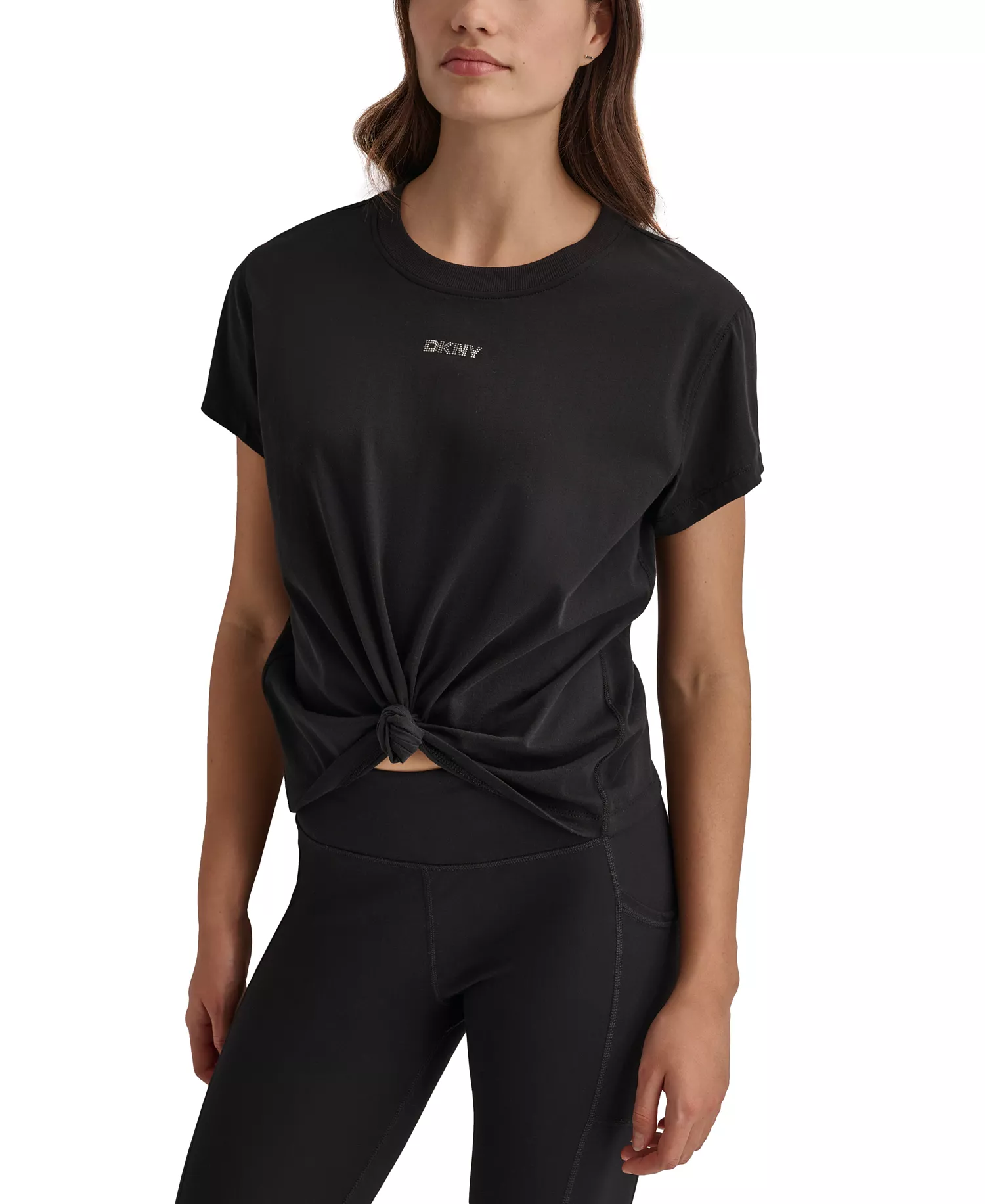Women's Cotton Stud Logo Knot-Front T-Shirt - Black - L