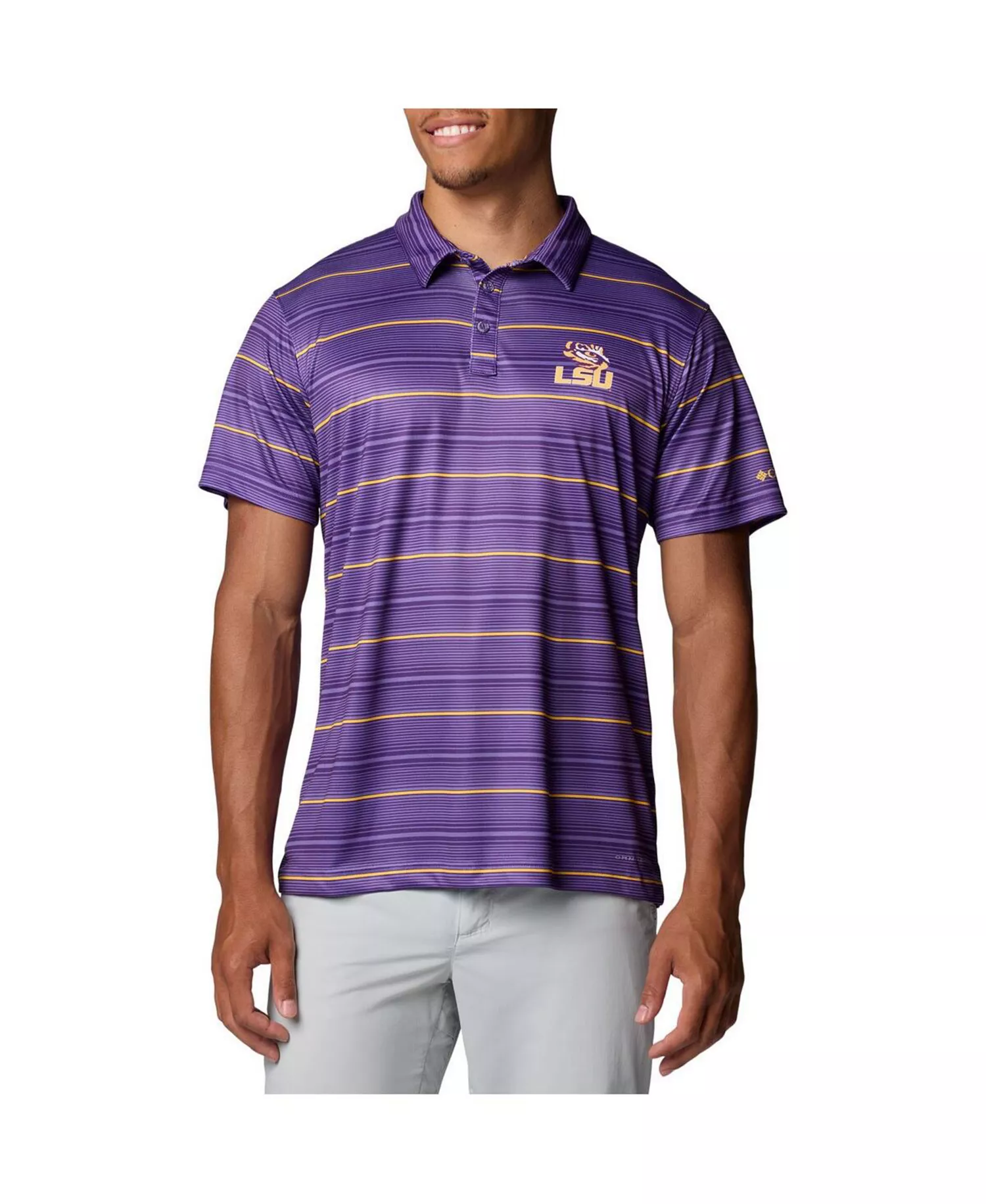 Men's Purple LSU Tigers PFG Super Terminal Tackle Omni-Shade Stripe Polo Shirt - Purple - L