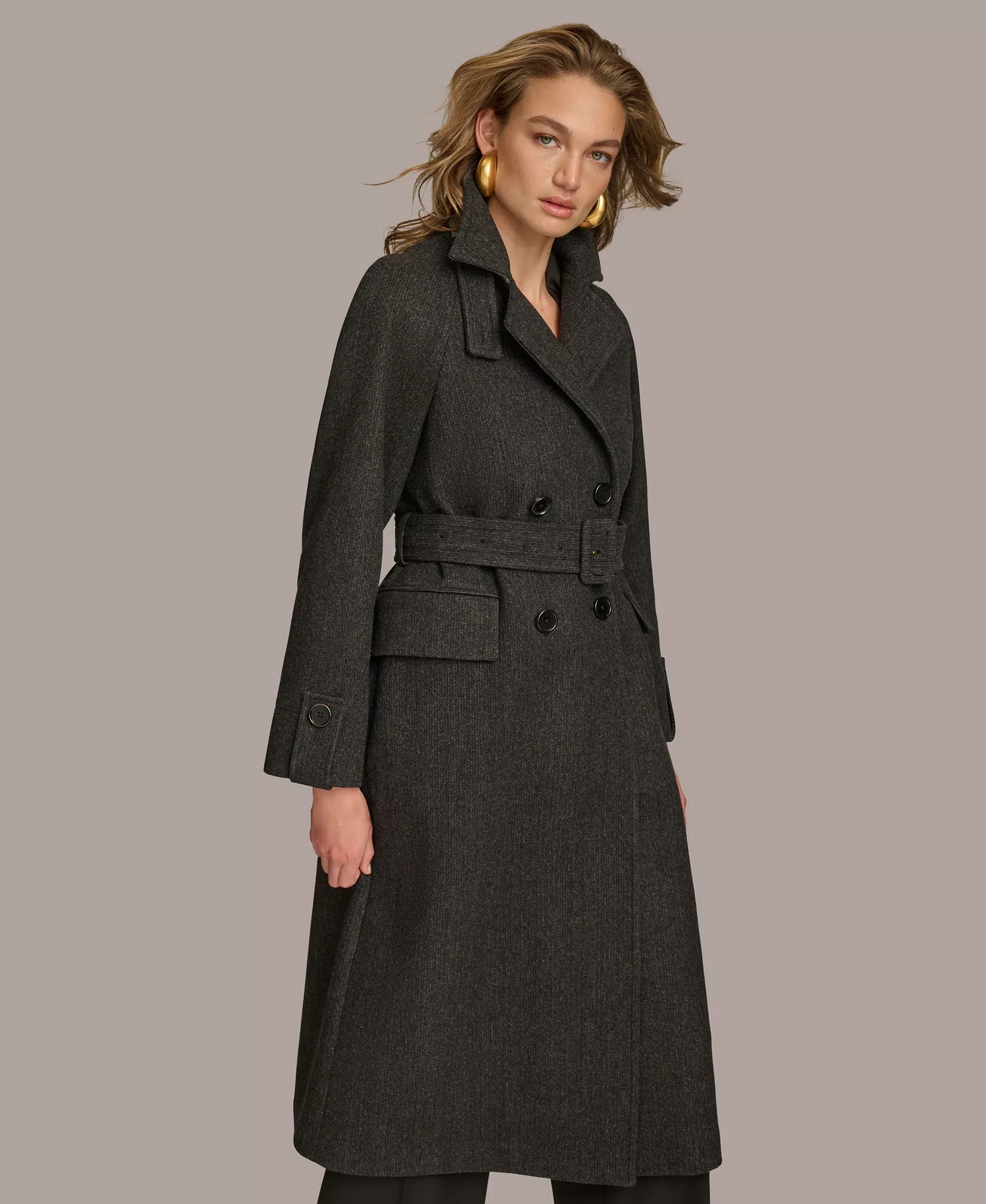 Women's Double-Breasted Belted Wrap Coat - Black - L