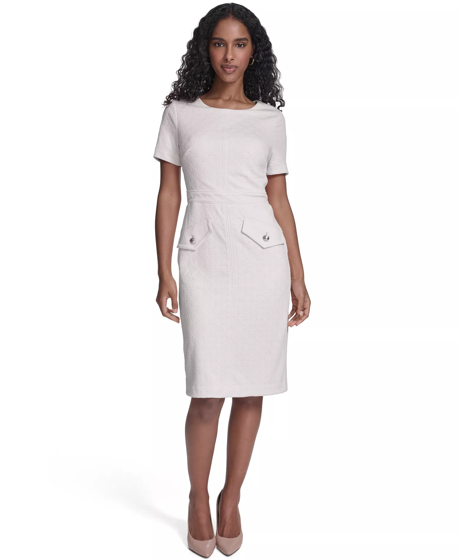 Women's Short-Sleeve Wicker Weave Shift Dress - Ivory - 10