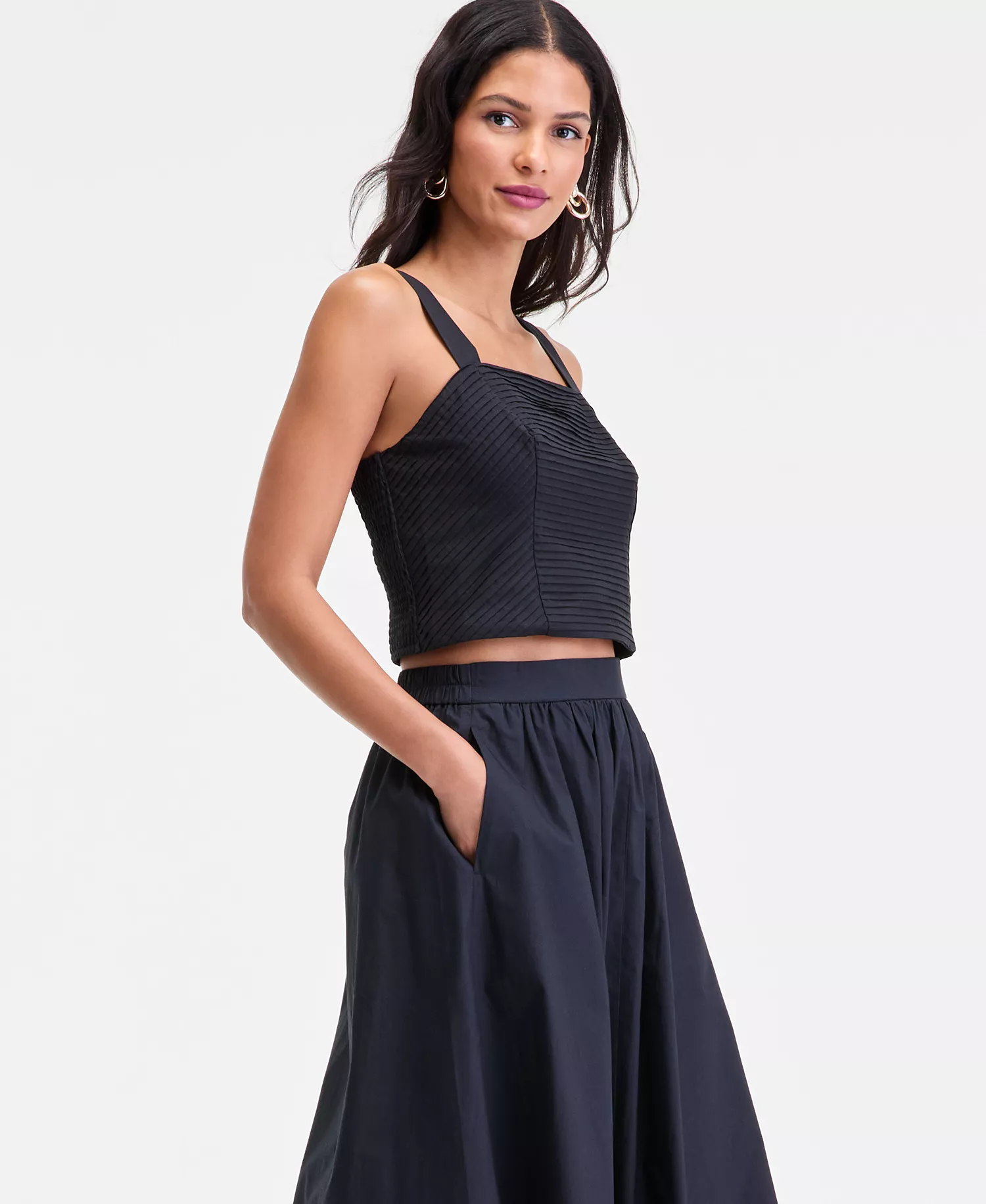 Women's Cropped Pintuck-Pleat Tank Top, Macy's Exclusive - Deep Black - L