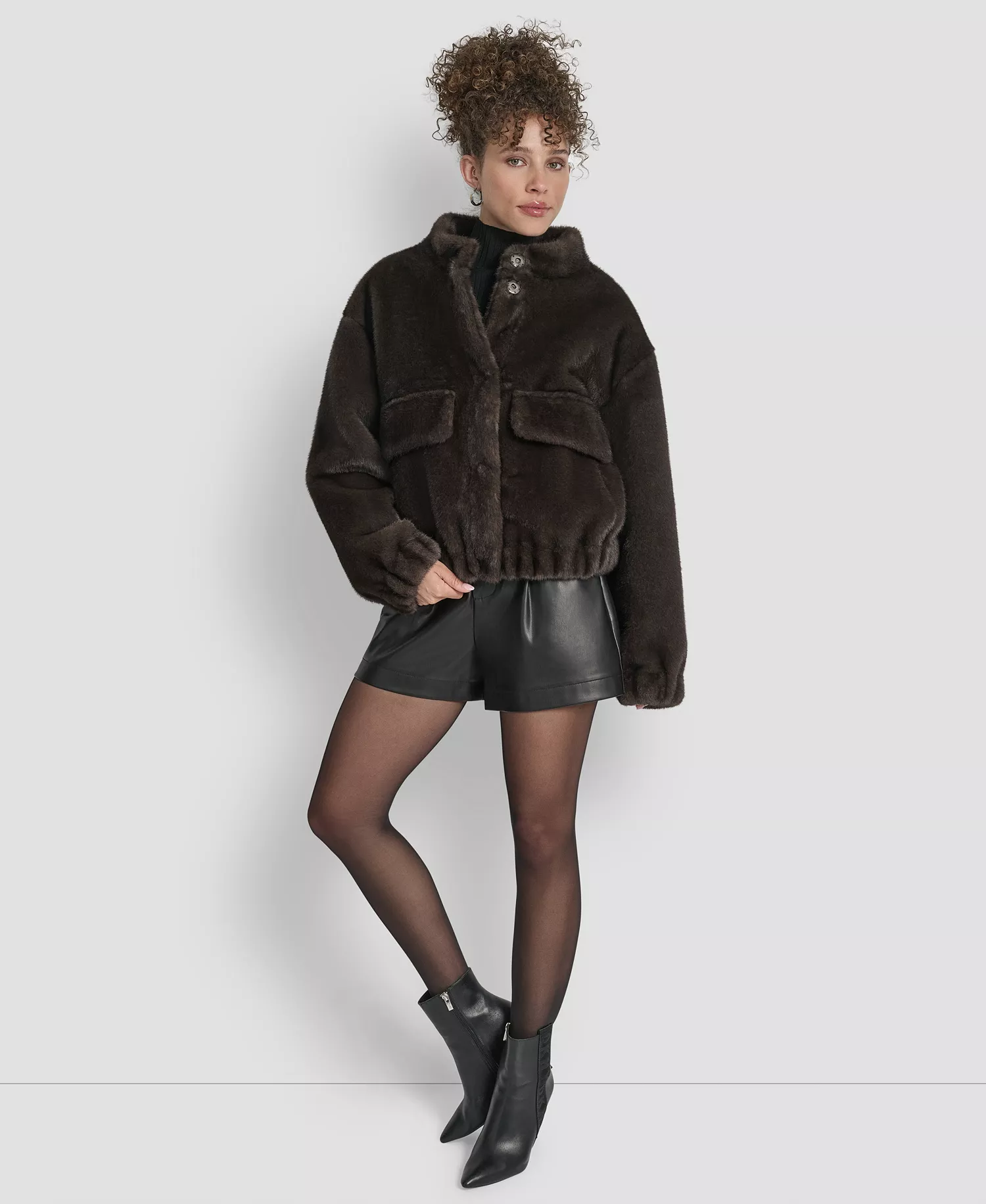 Women's Collar Neck Bomber Coat - Dark Brown - S