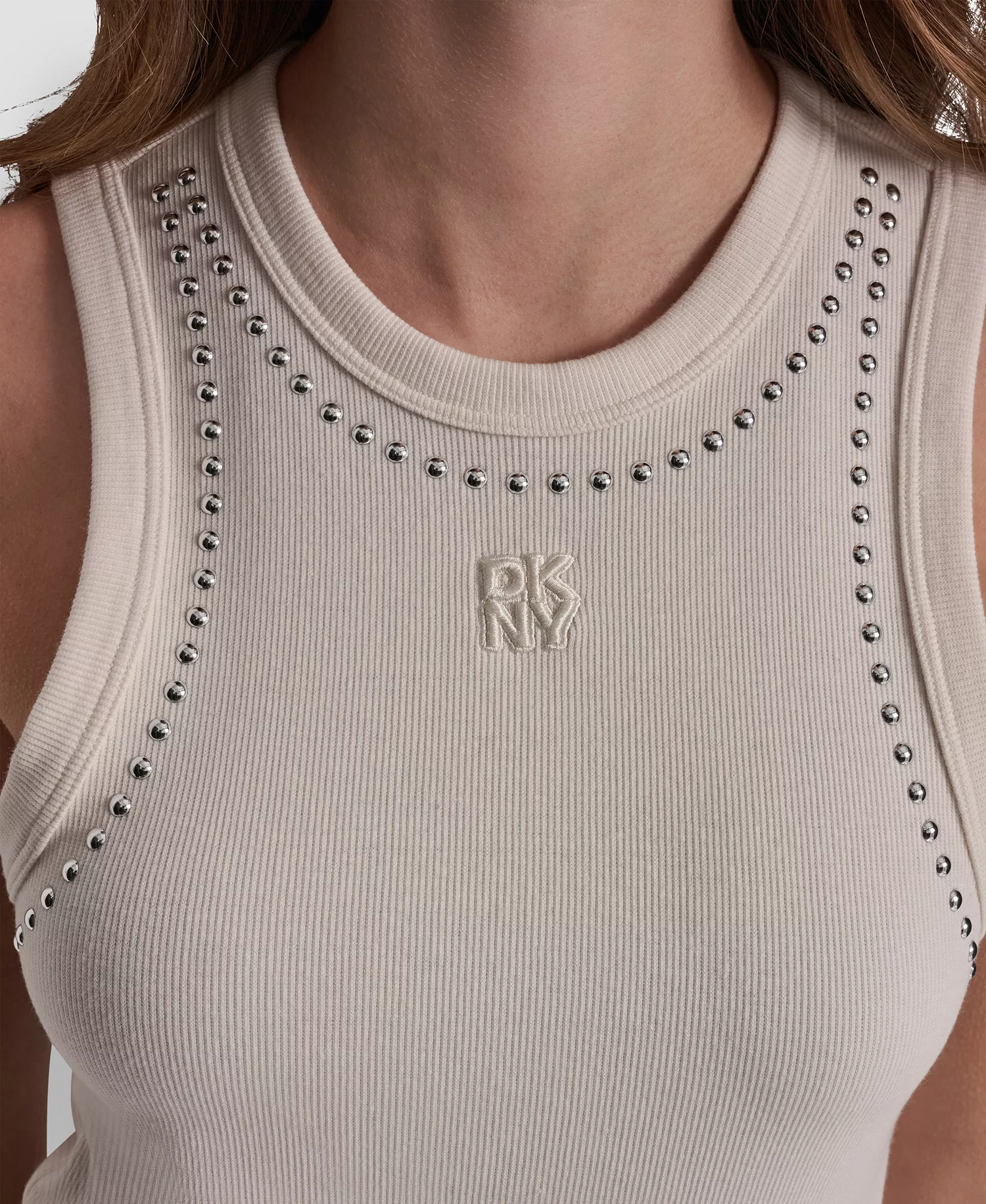 Women's Crewneck Tank Top With Dome Studs - Egg Nog - L